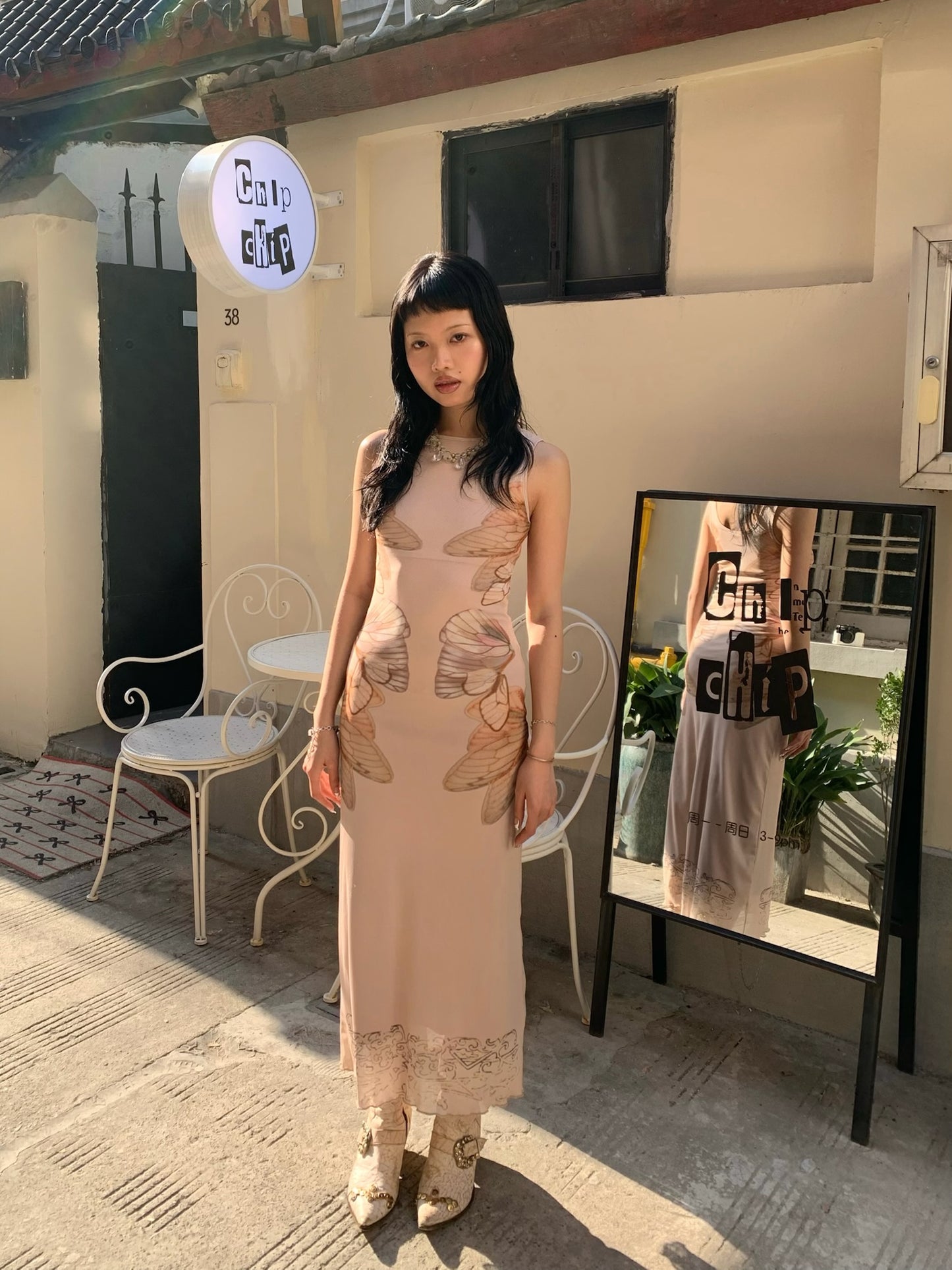 Nude-colored butterfly original design printed mesh double-layer slimming dress