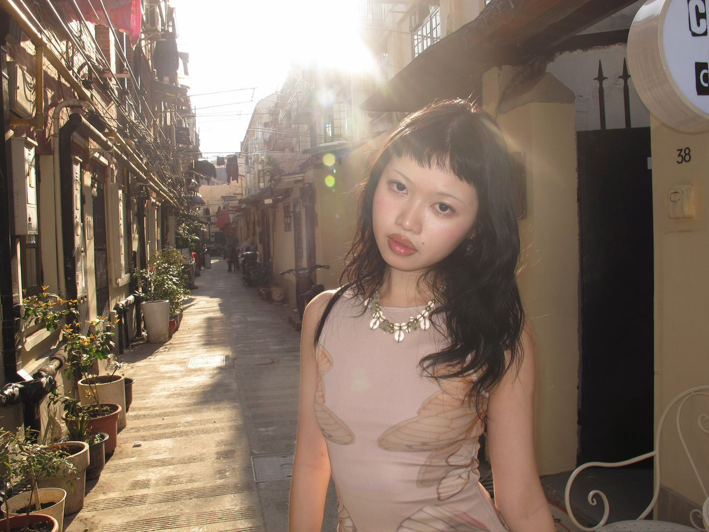 Nude-colored butterfly original design printed mesh double-layer slimming dress