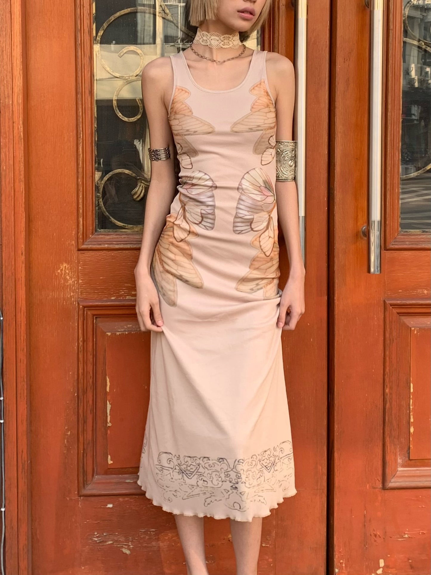 Nude-colored butterfly original design printed mesh double-layer slimming dress