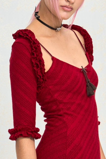 Velvet cake set: Wine red knitted halter dress + small cardigan
