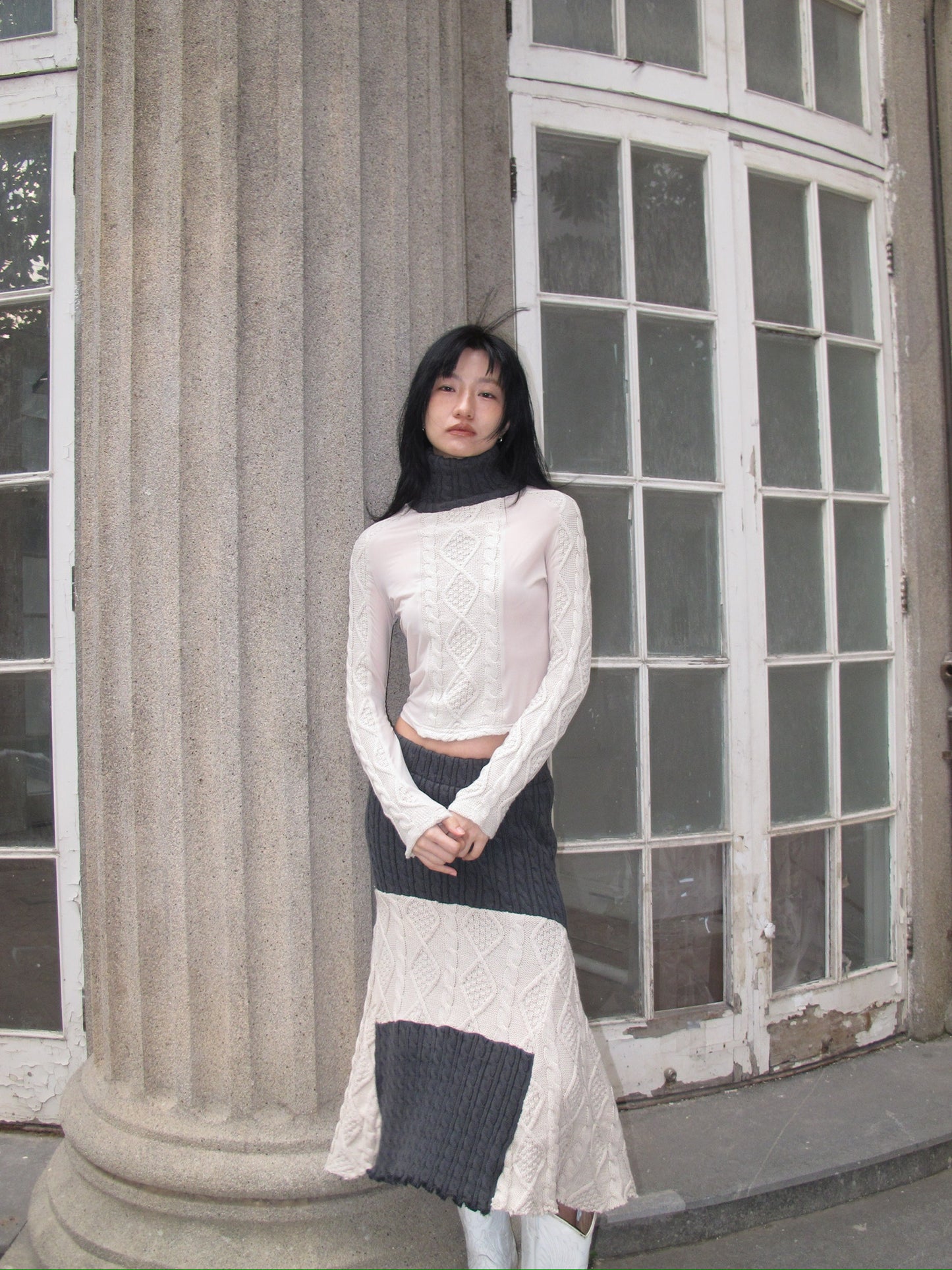 Original patchwork knitted stretch slimming design top + half skirt （can be bought separately