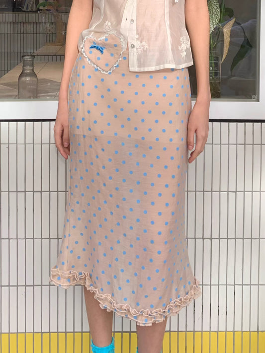 Baby blue polka dot original design tencel mid-length dress