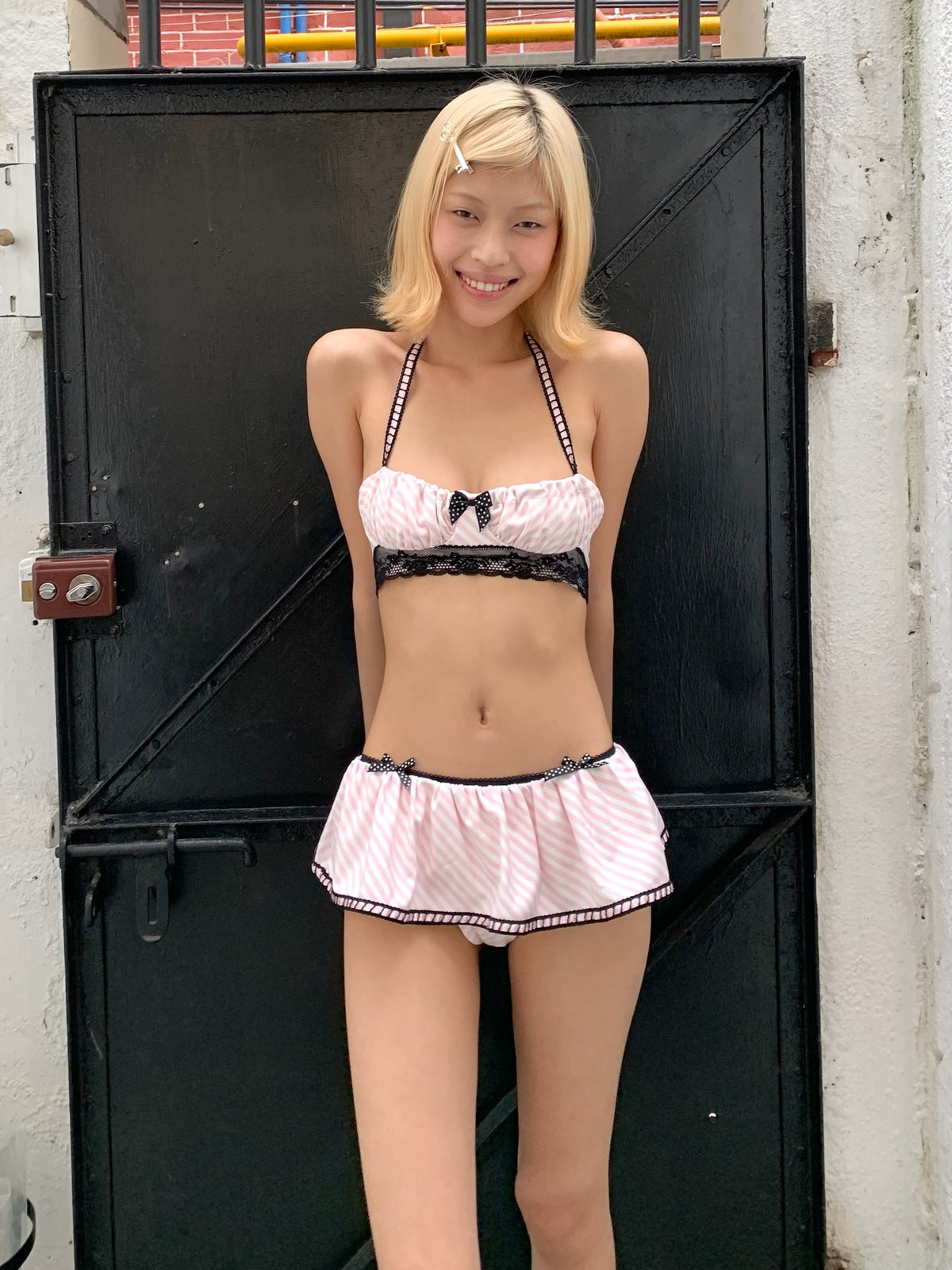 Pink and white striped bikini stretchy swimwear set