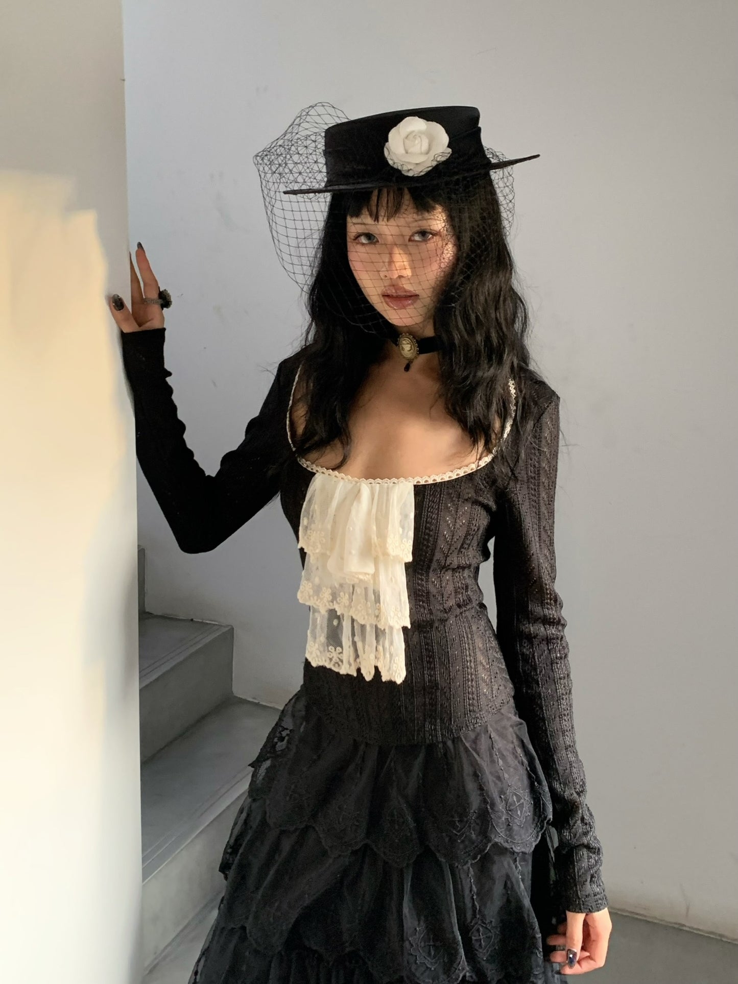 Black Swan or Cinderella Vintage Courtier-style Knitted Stretch Top