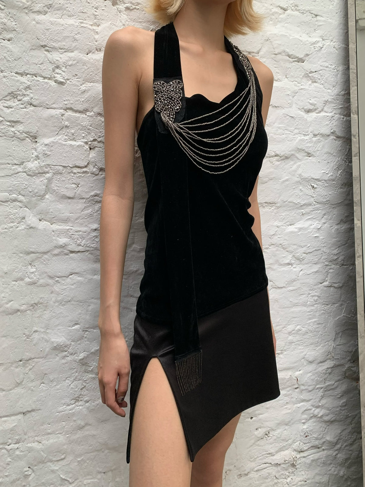 Black Silver Waterfall - Black Velvet mesh Elegant Elasticated Blouse top
