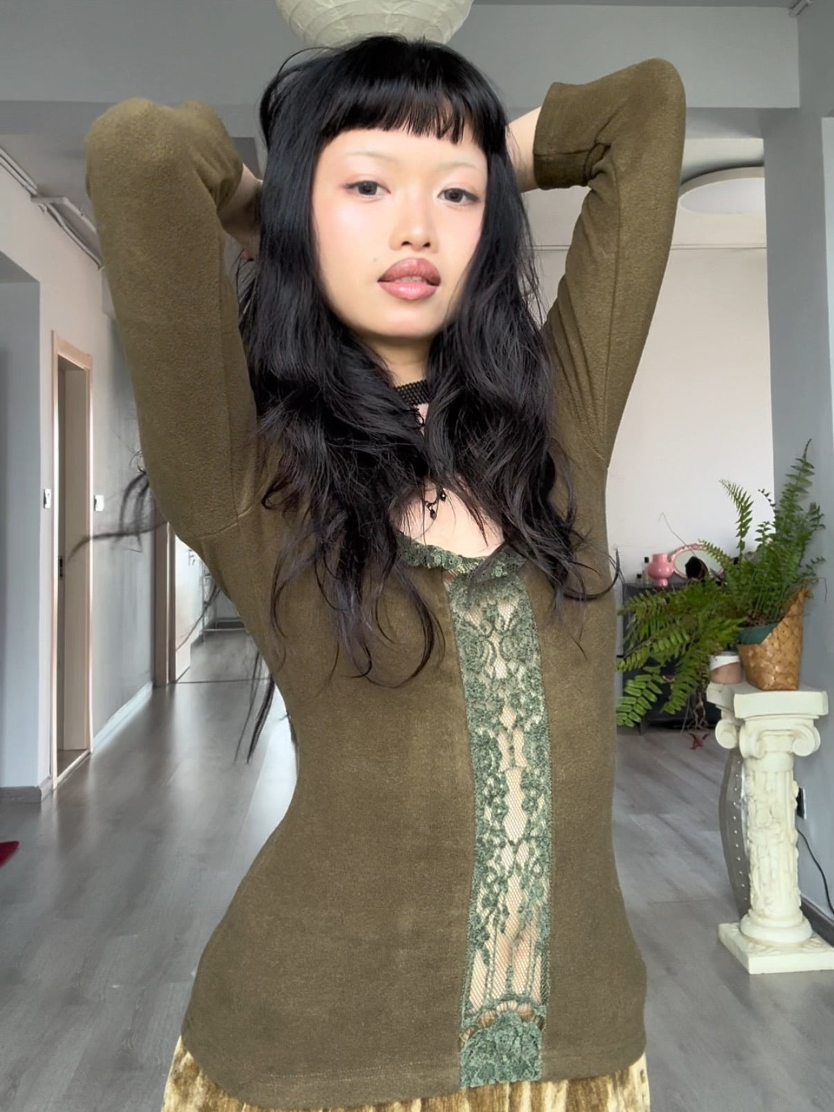 Shade Green Vintage Lace Long-Sleeved Turtleneck Top
