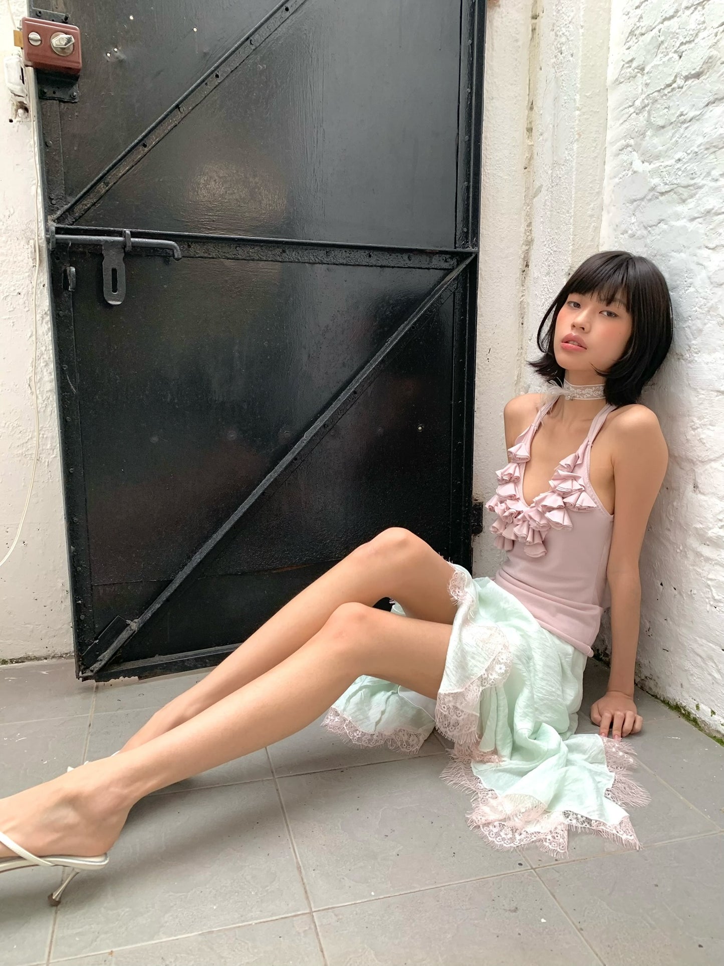 Mint green patched light pink lace flared chiffon skirt with a flowing hem