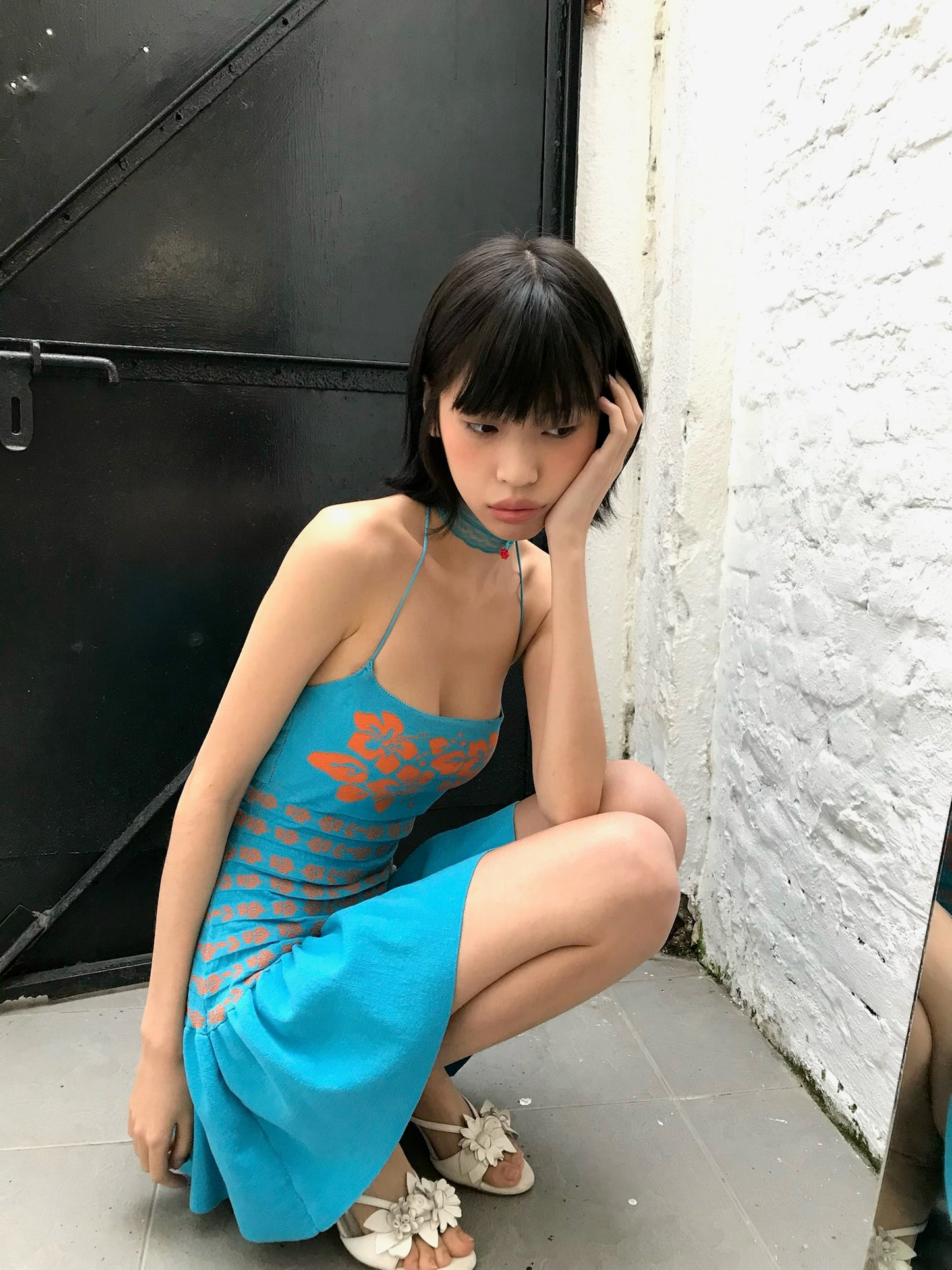 Blue jacquard flower original design slim-fitting elasticated knitted dress