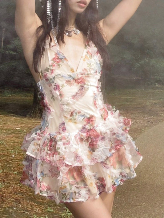 Fairyland puffy short nude printed nude floral dress
