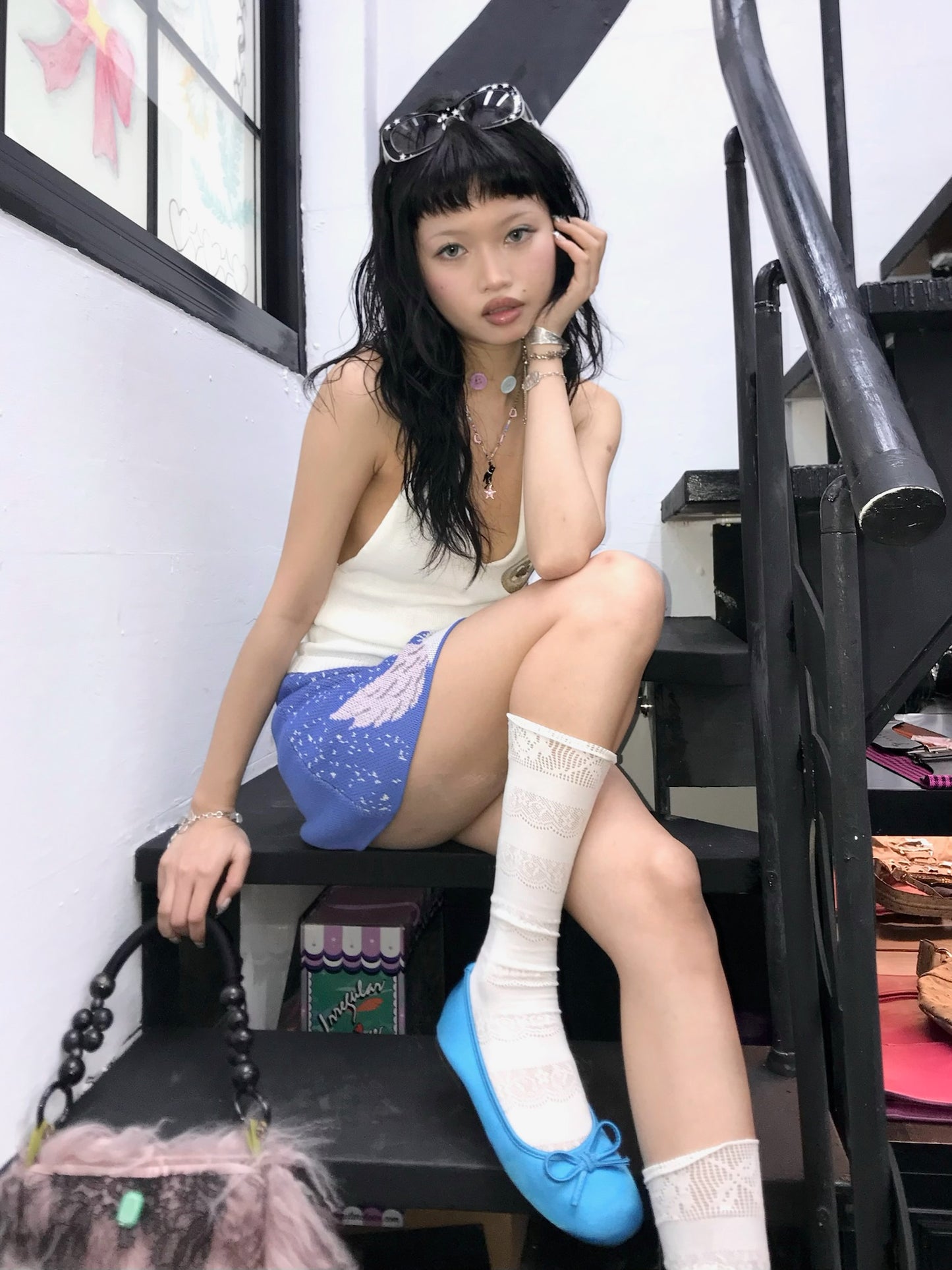White/light purple lace socks
