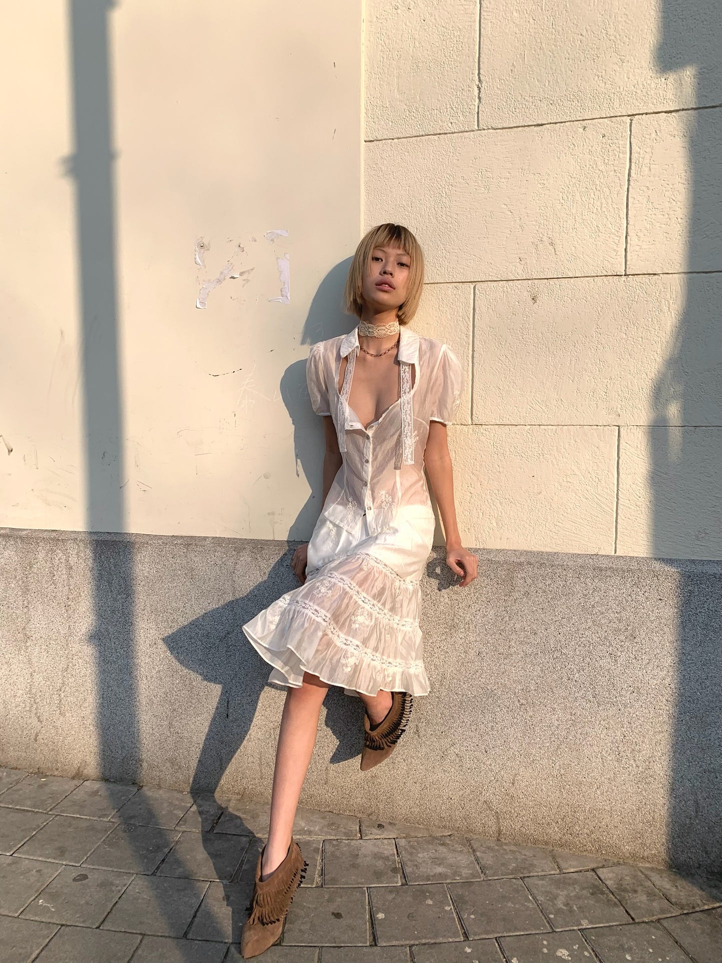 White lace cute Tencel cotton A-line skirt