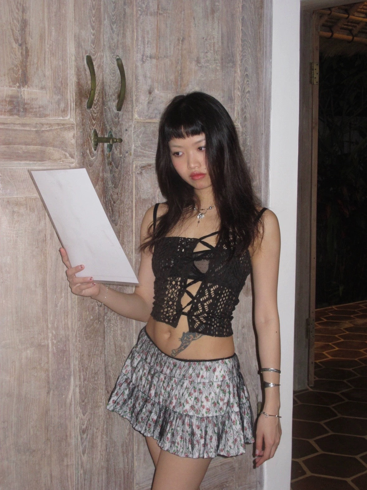 Cute double layer floral mini  skirt