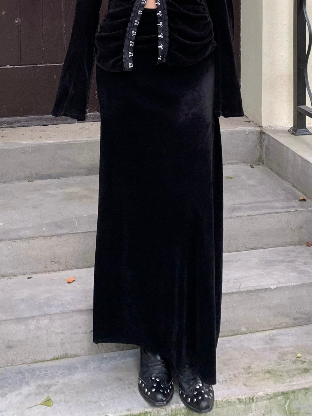 Black velvet set with skirt + hook button top (can be bought separately