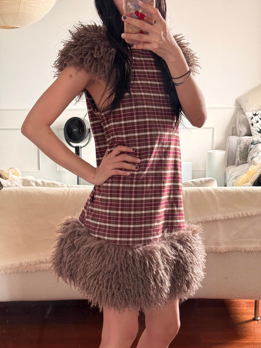 Retro red and brown furry short-sleeved dress