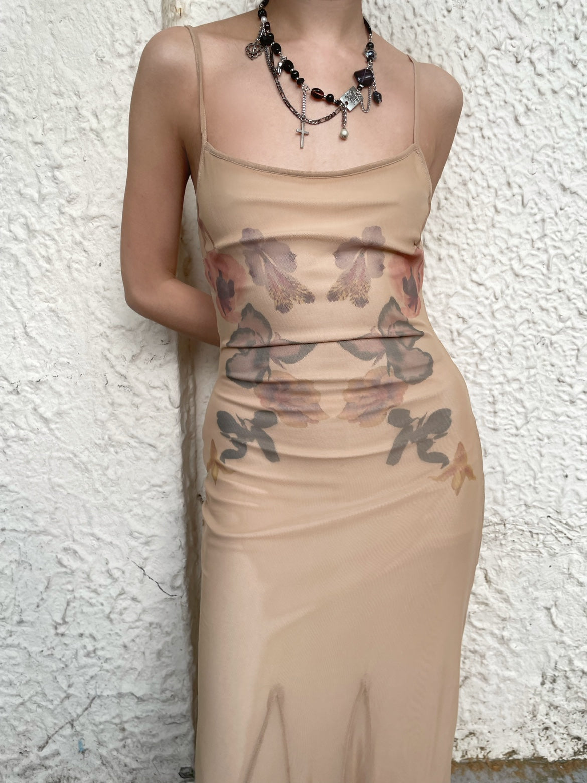 Goddess Floral Print Mesh Elastic Strap Dress