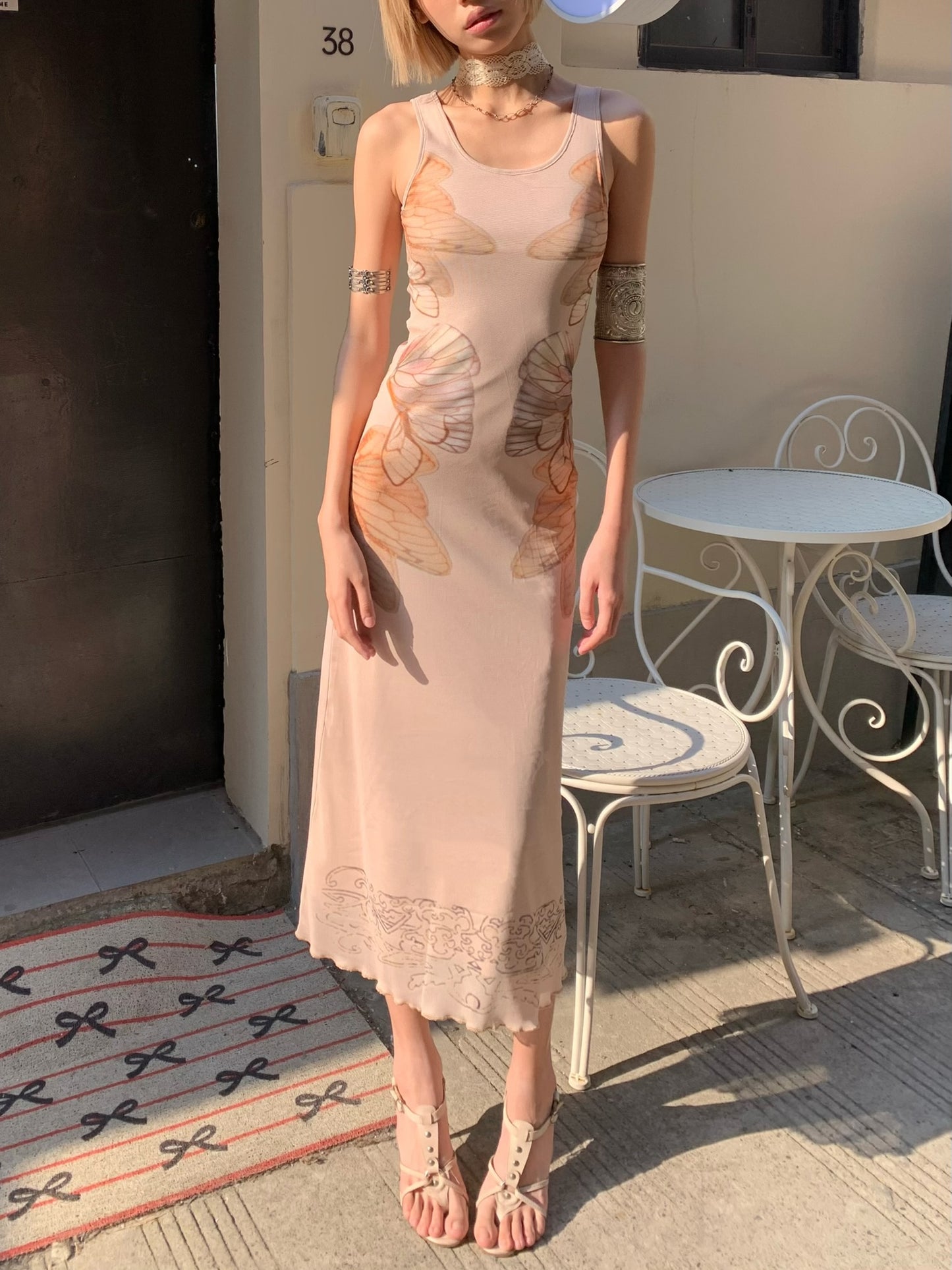 Nude-colored butterfly original design printed mesh double-layer slimming dress