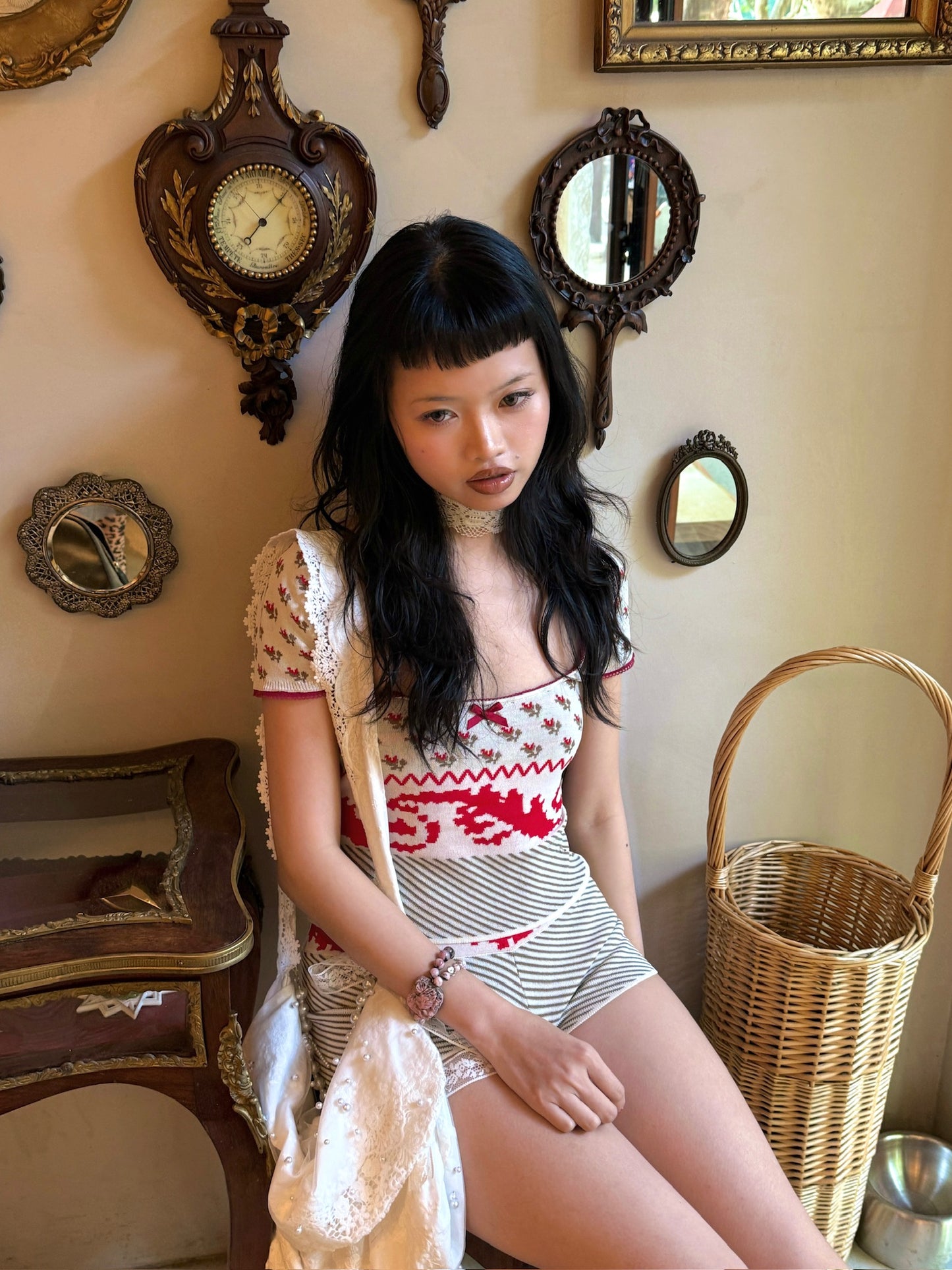 Red floral summer knit set - top + shorts