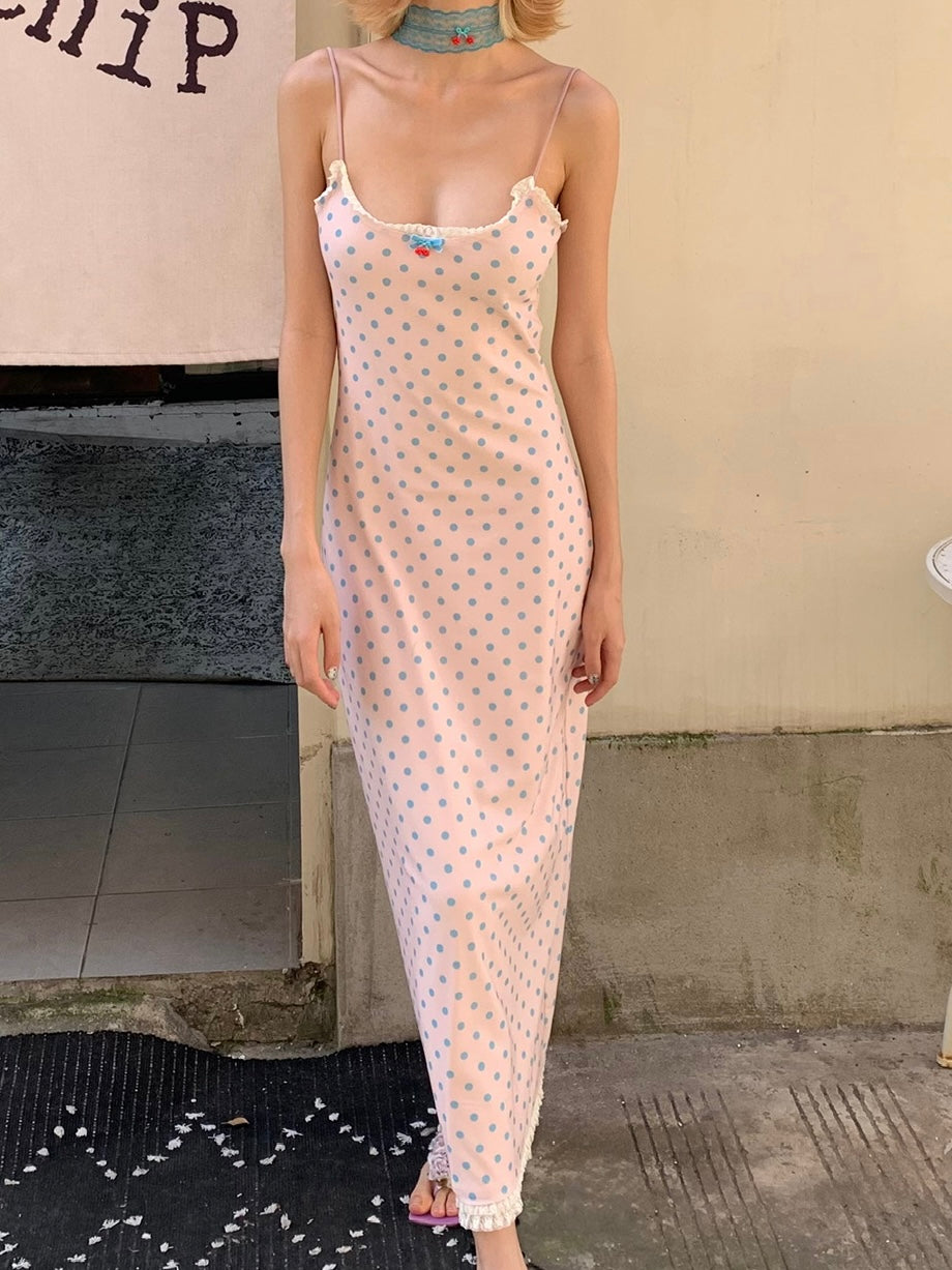 Candy polka dot dress in long version - Original pink strapless stretch-fitting long dress