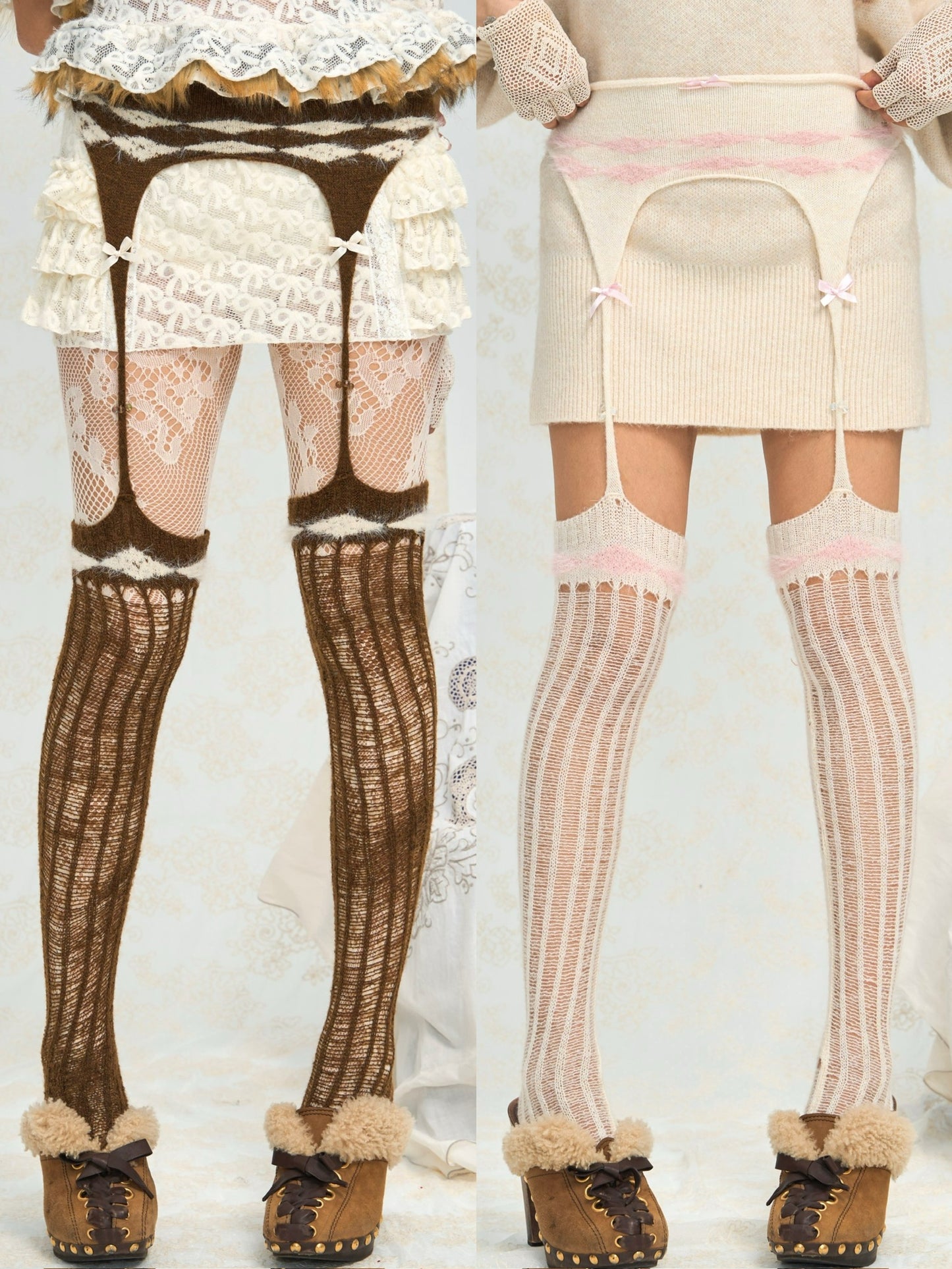 Knitted beige/milky white/pink  suspenders stockings