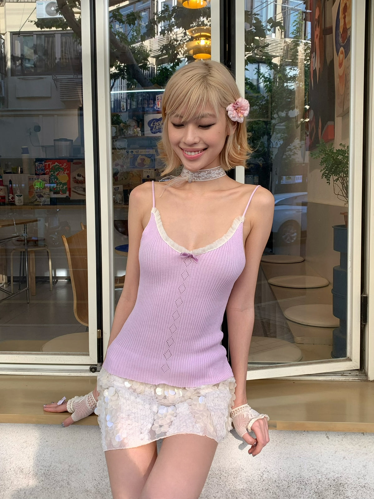 Lake Blue / light purple Sweet lace velvet bow knitted stretchy top