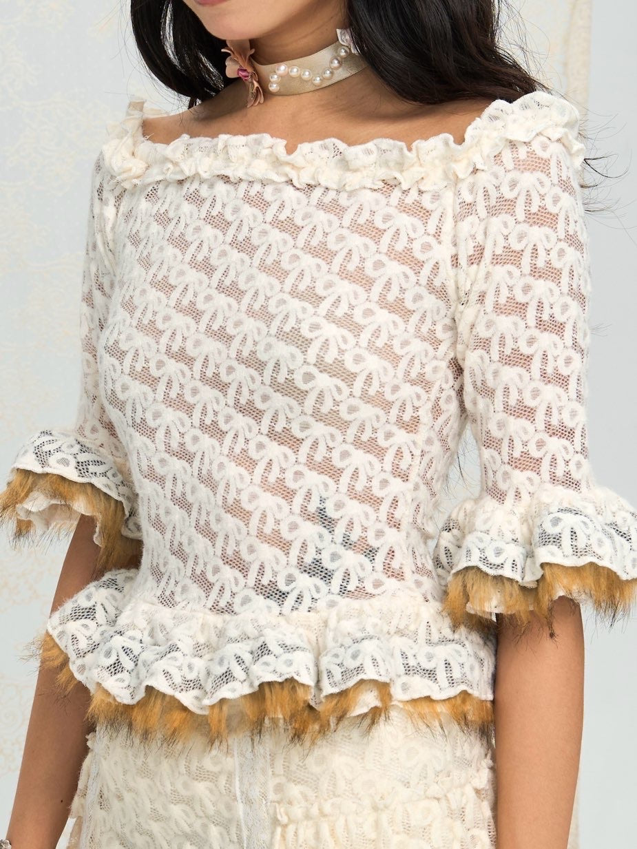 Faux Fur Lace Off-the-Shoulder Top + Skirt Set, Can Be Purchased Separately