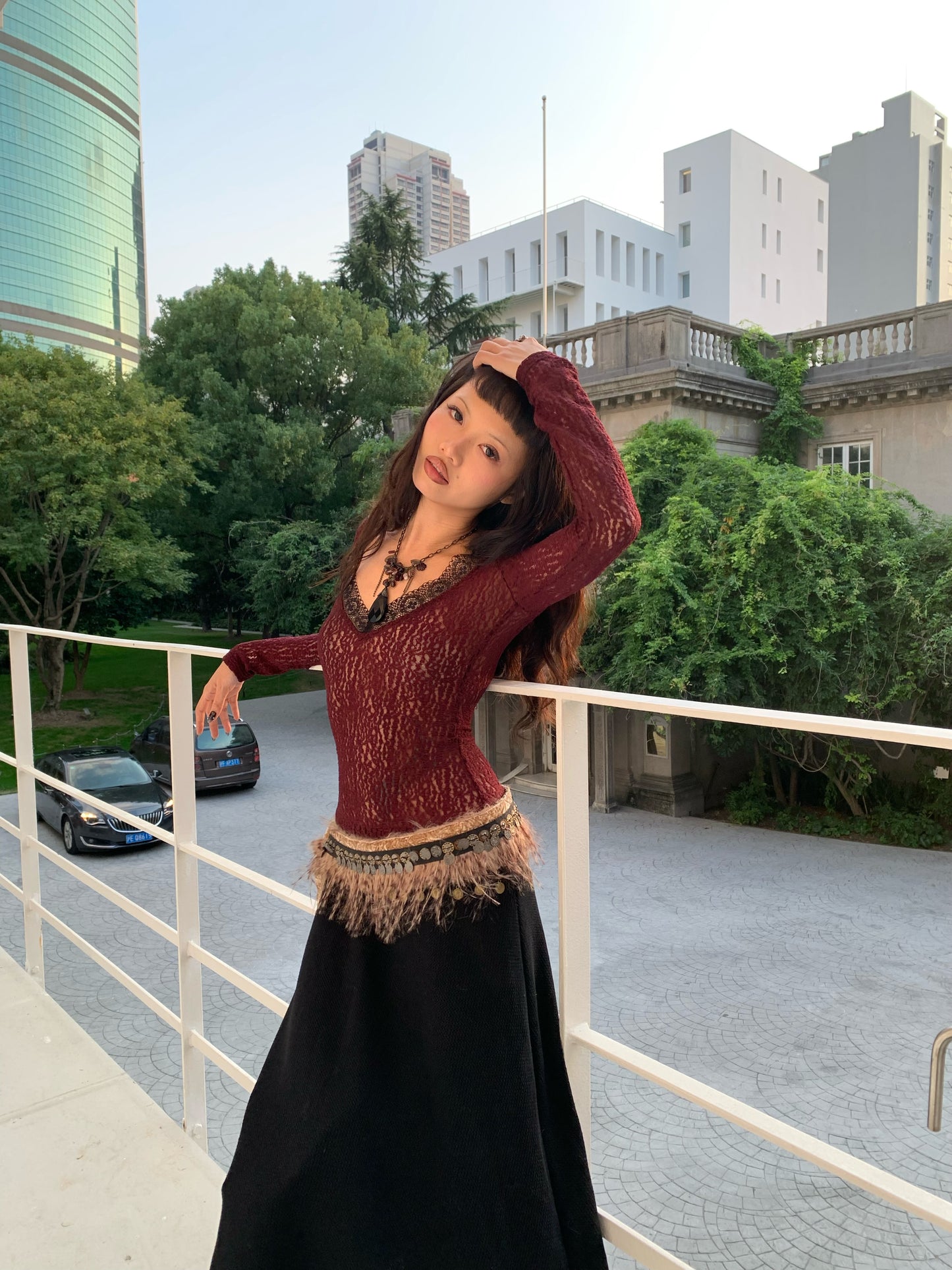 Dark red lace wide-neck fitted stretchy long-sleeved top