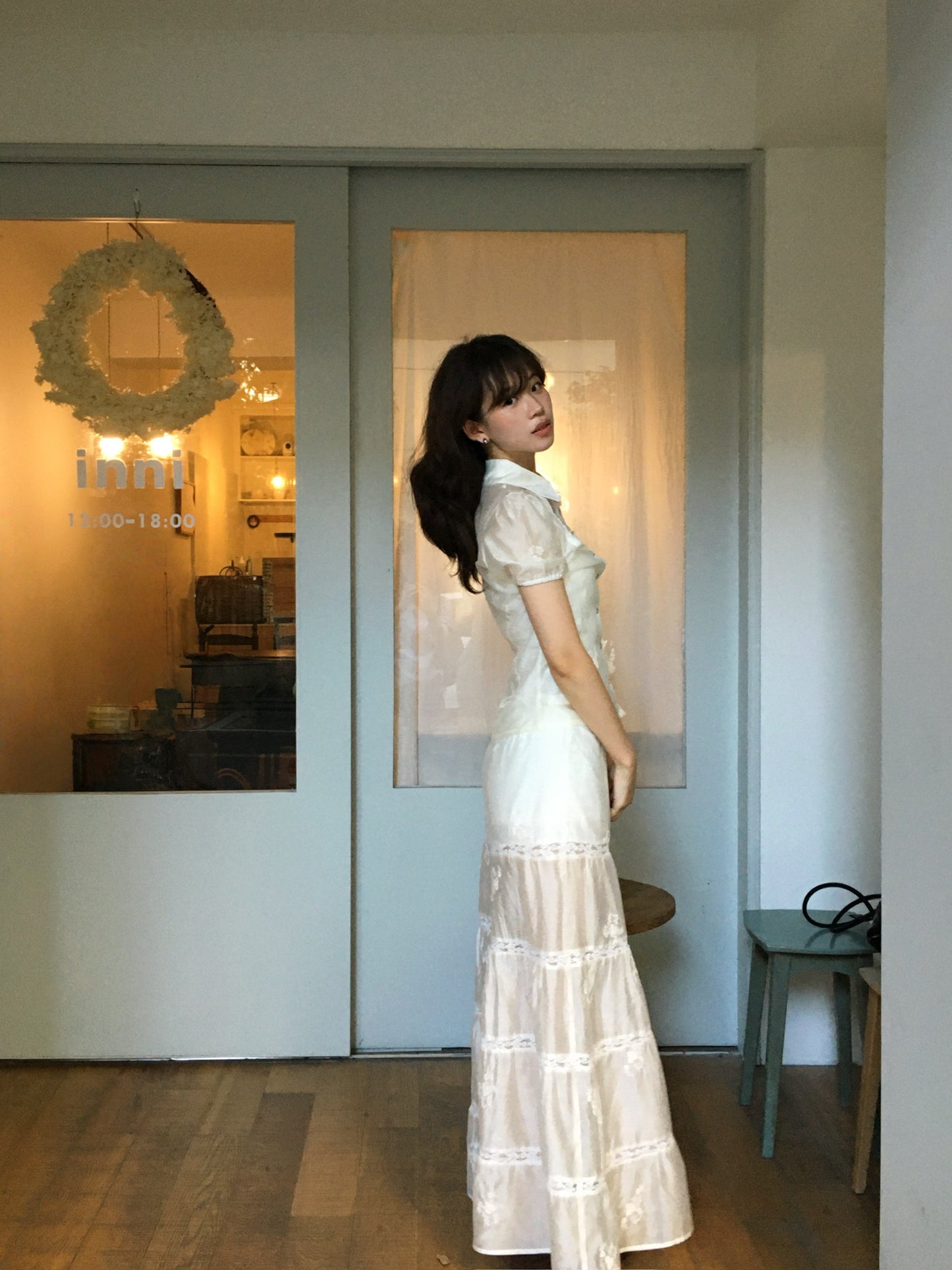 White lace cute Tencel cotton A-line skirt longer version