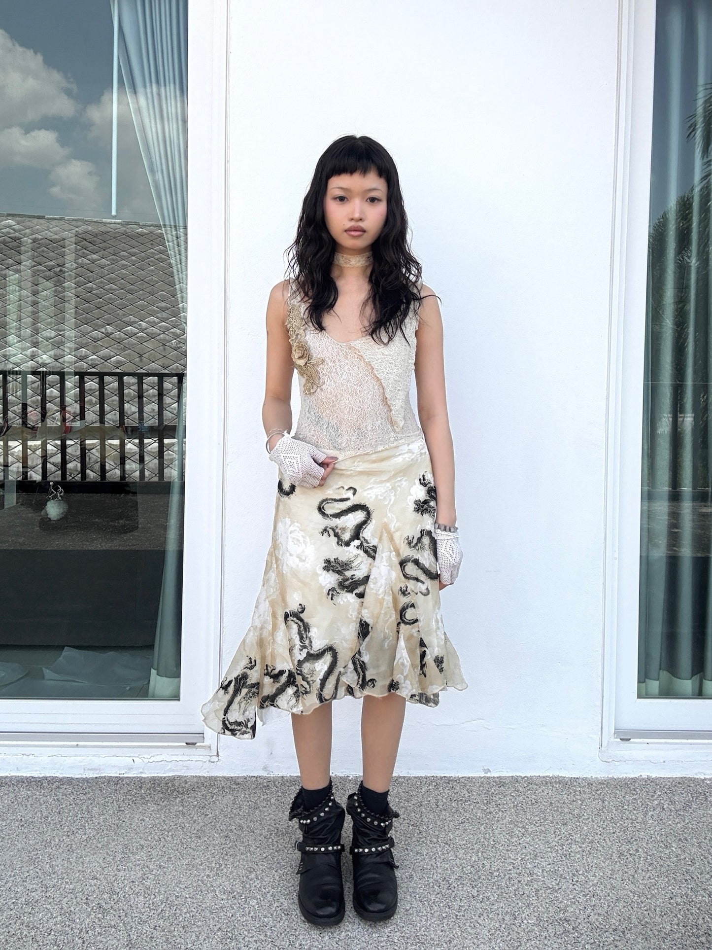 Dragon print chiffon skirt with wide hemline