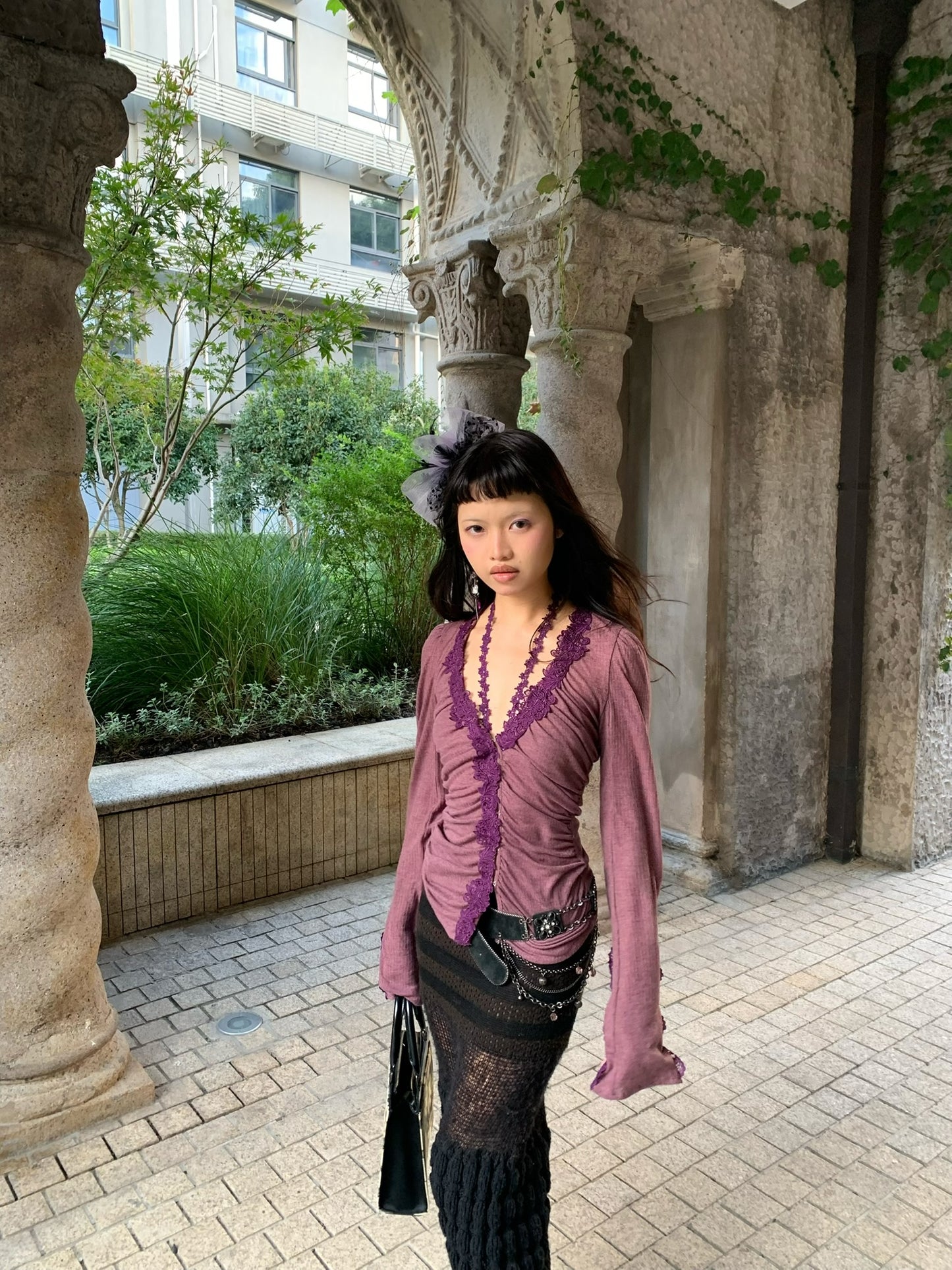 Velvet purple lace long-sleeved fitted stretchy top / cardigan