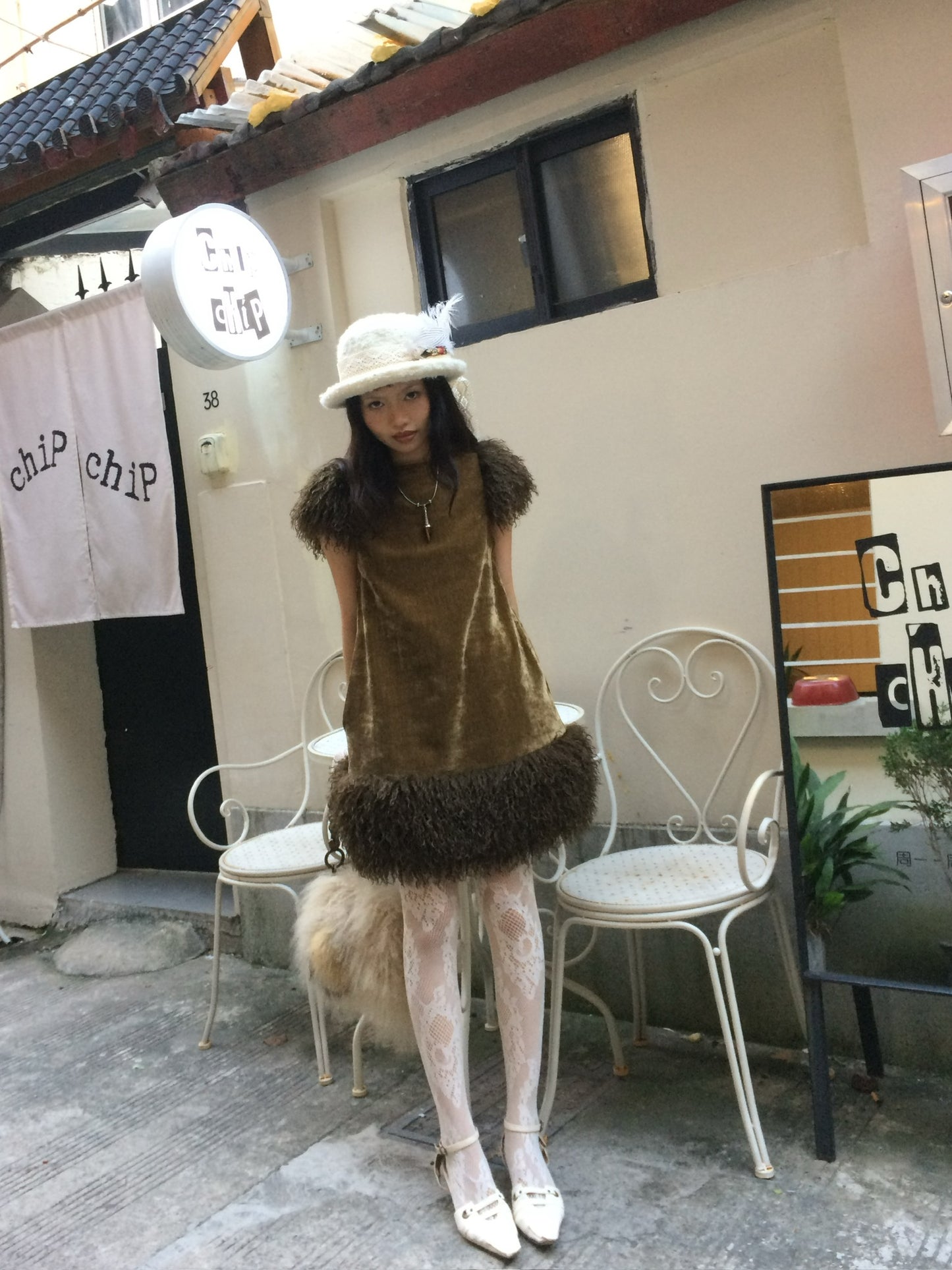 Retro moss green fluffy short-sleeved dress