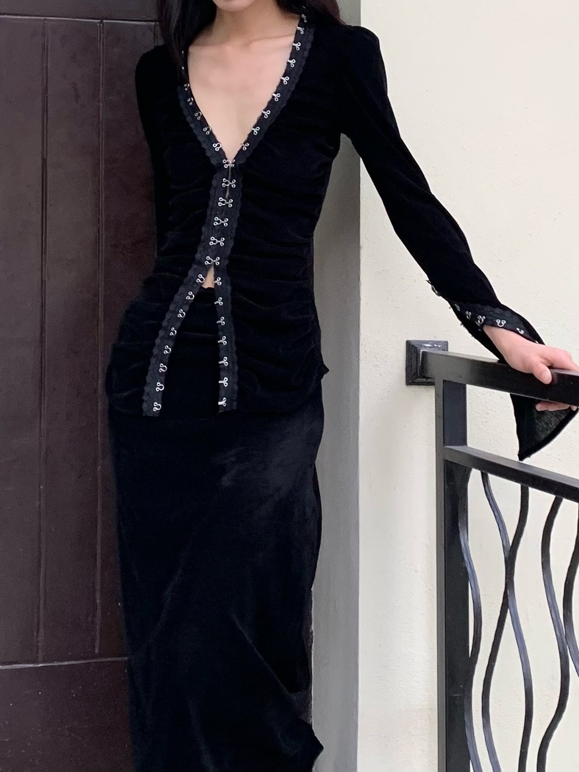 Black velvet set with skirt + hook button top (can be bought separately