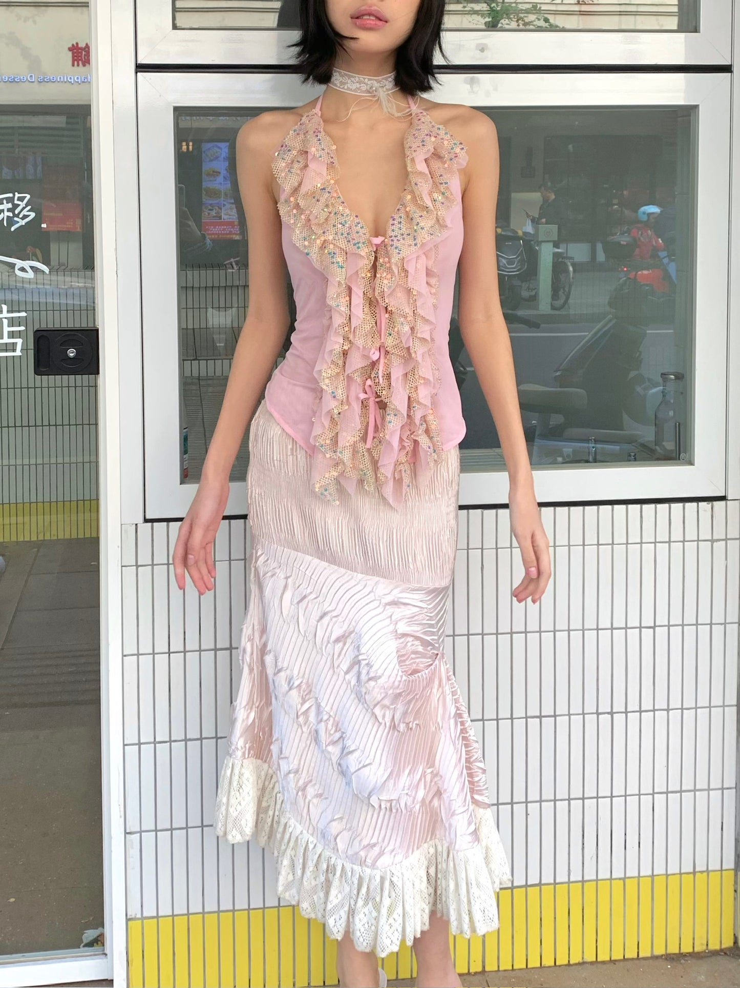 Pink glittering sequin ruffled halter strap original design top