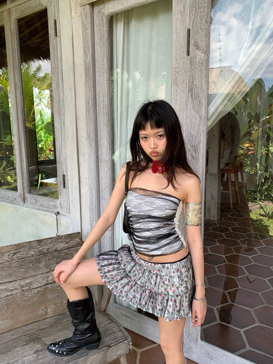 Cute double layer floral mini  skirt