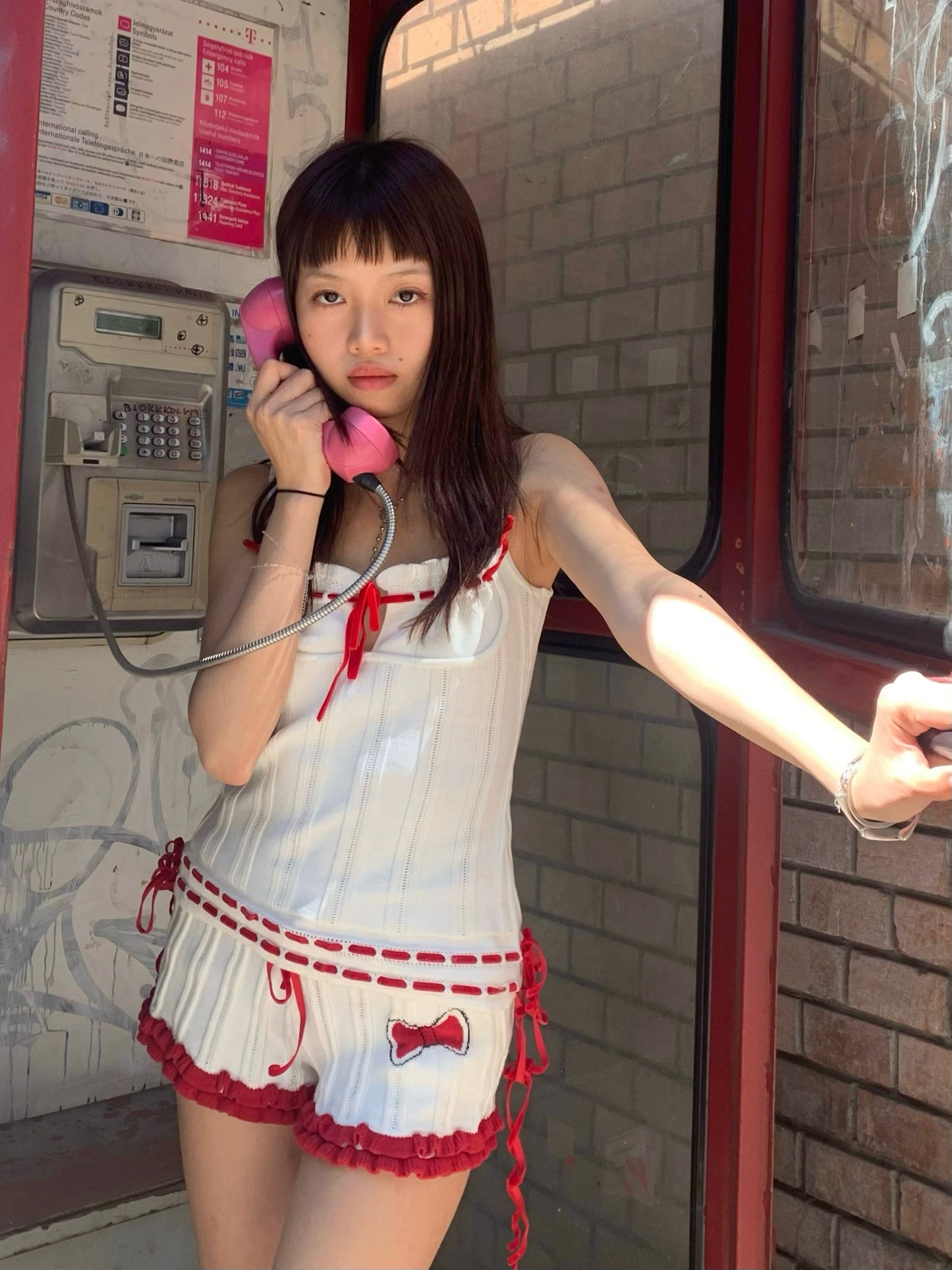 Red and white top + shorts knit set