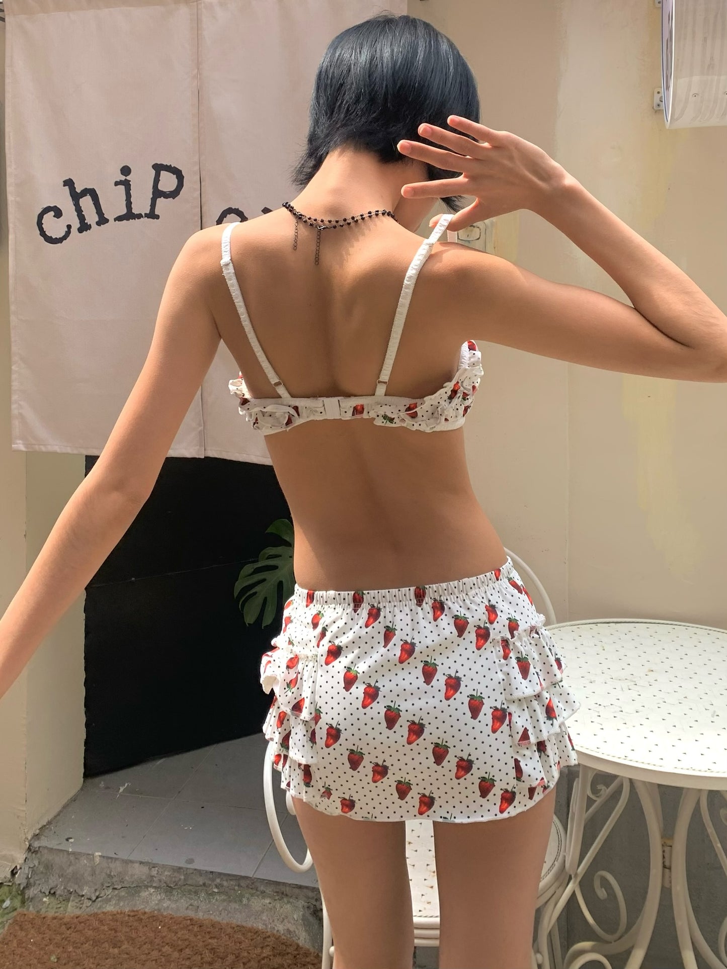 Strawberry polka dot printed swimsuit set  Bikini + Skirt