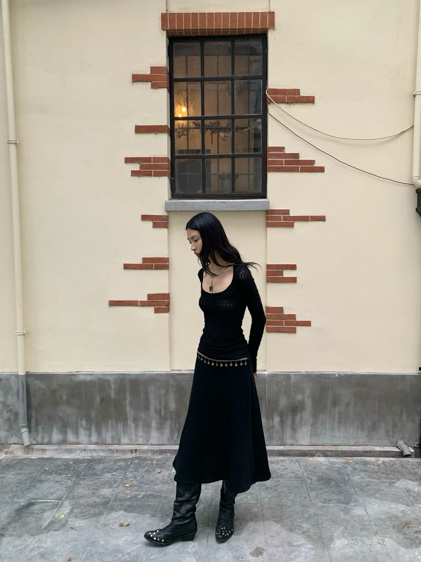 Nice big neckline black long sleeve top