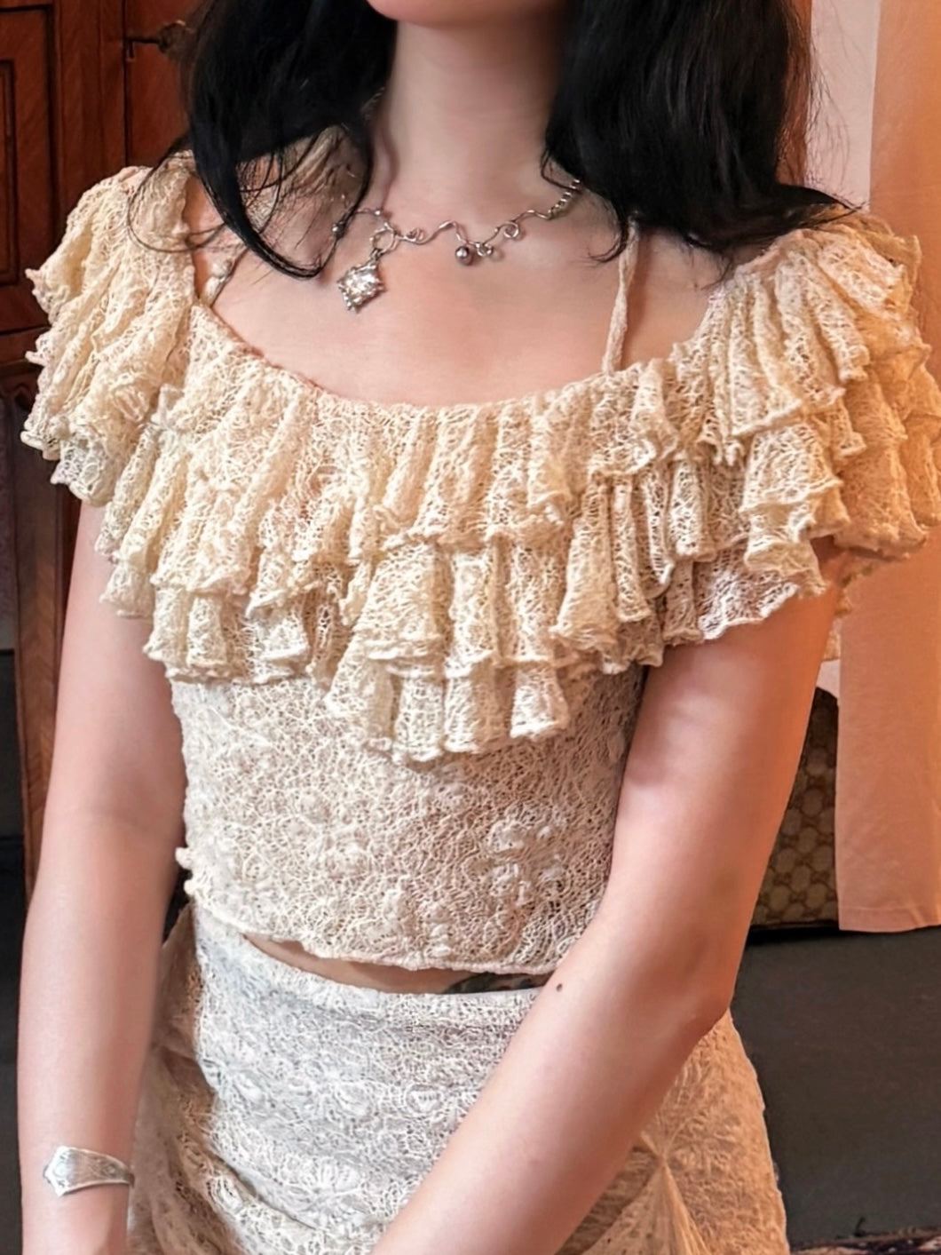 lace ruffled off-shoulder top + skirt set. Can be purchased separately