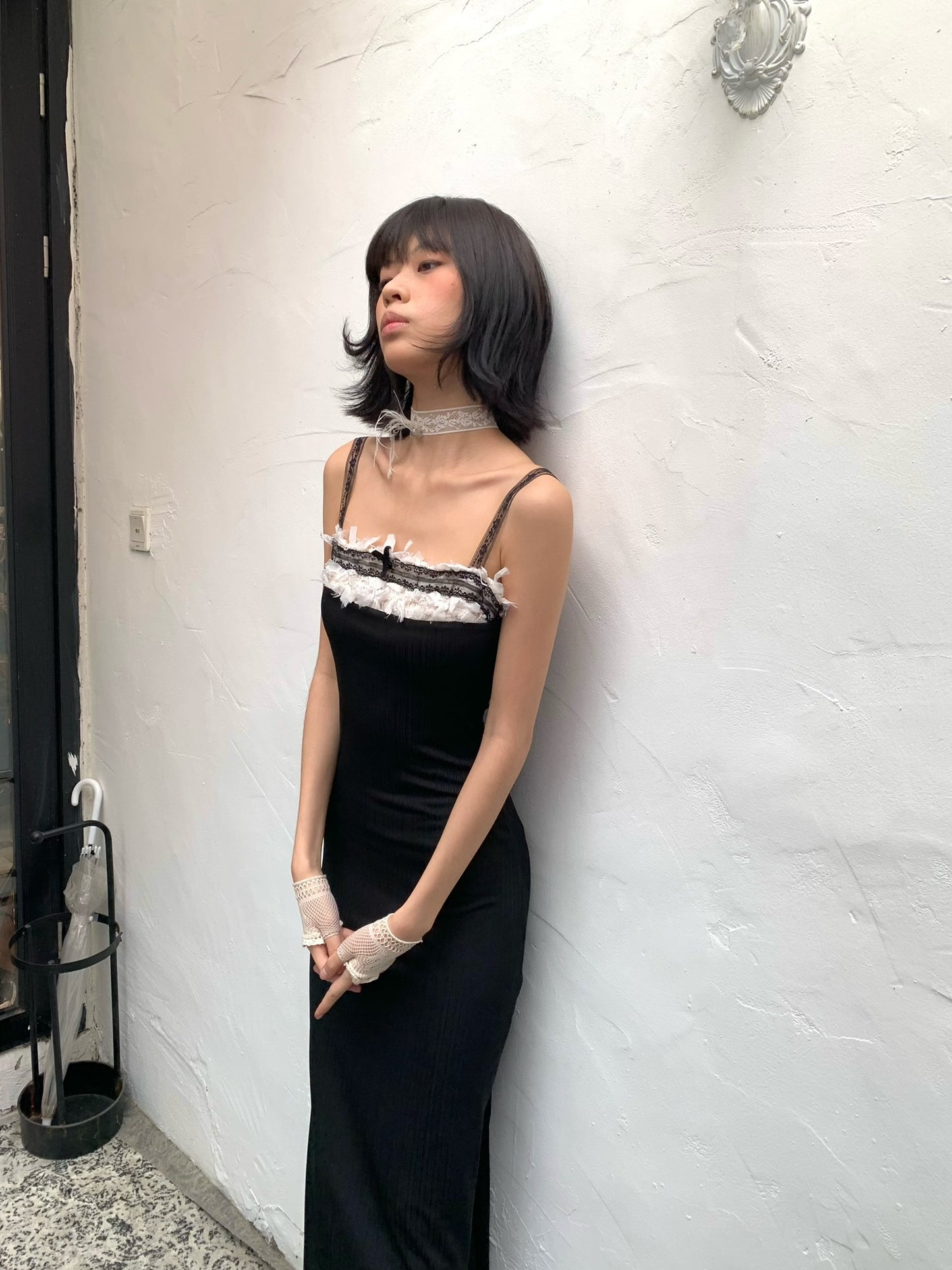 Sexy and playful lace stretch black fitted dress with adjustable shoulder straps