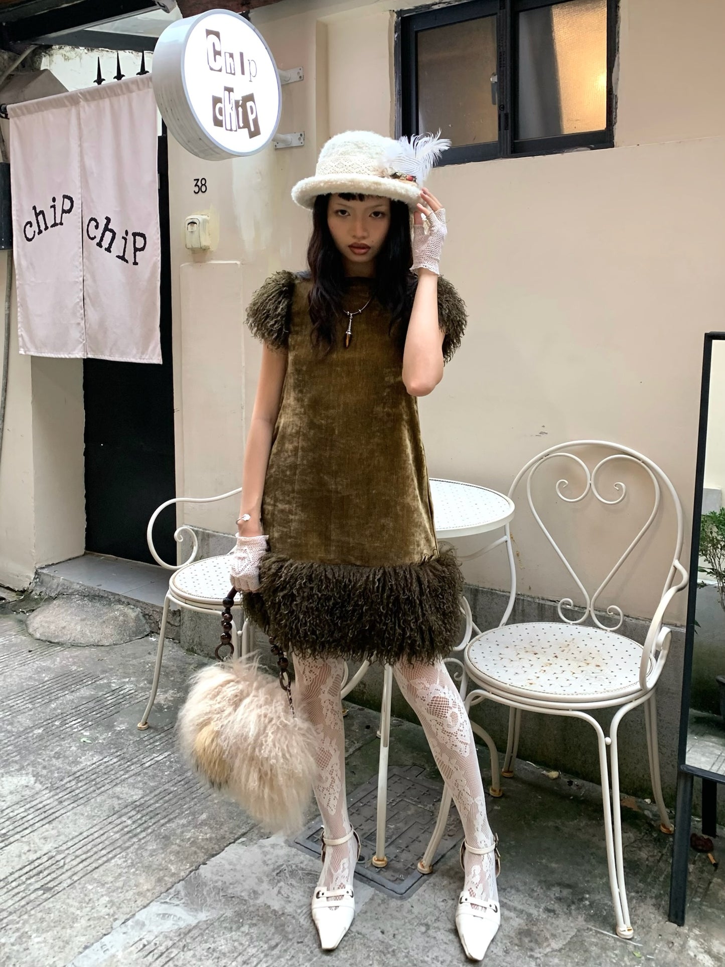 Retro moss green fluffy short-sleeved dress