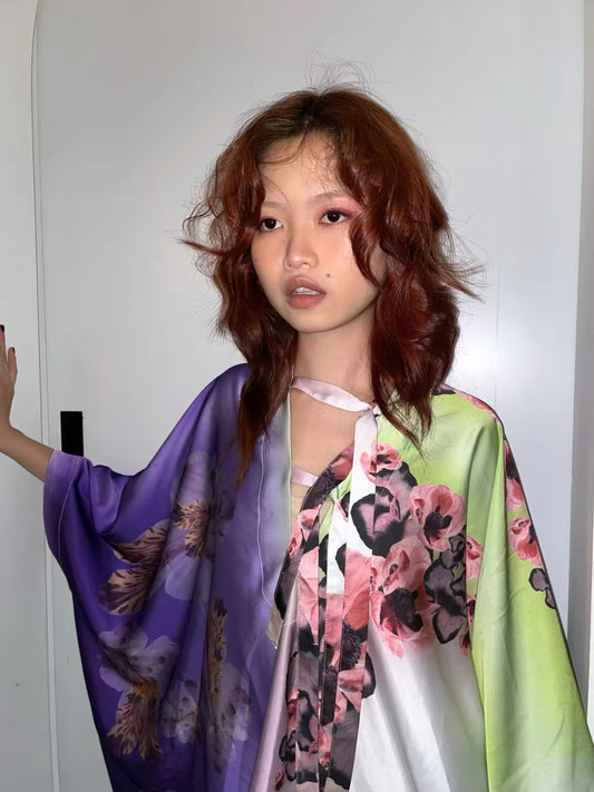 Multi-wear original design, light purple printed loose cool satin summer home wear top

Freesize Loose-fitting style