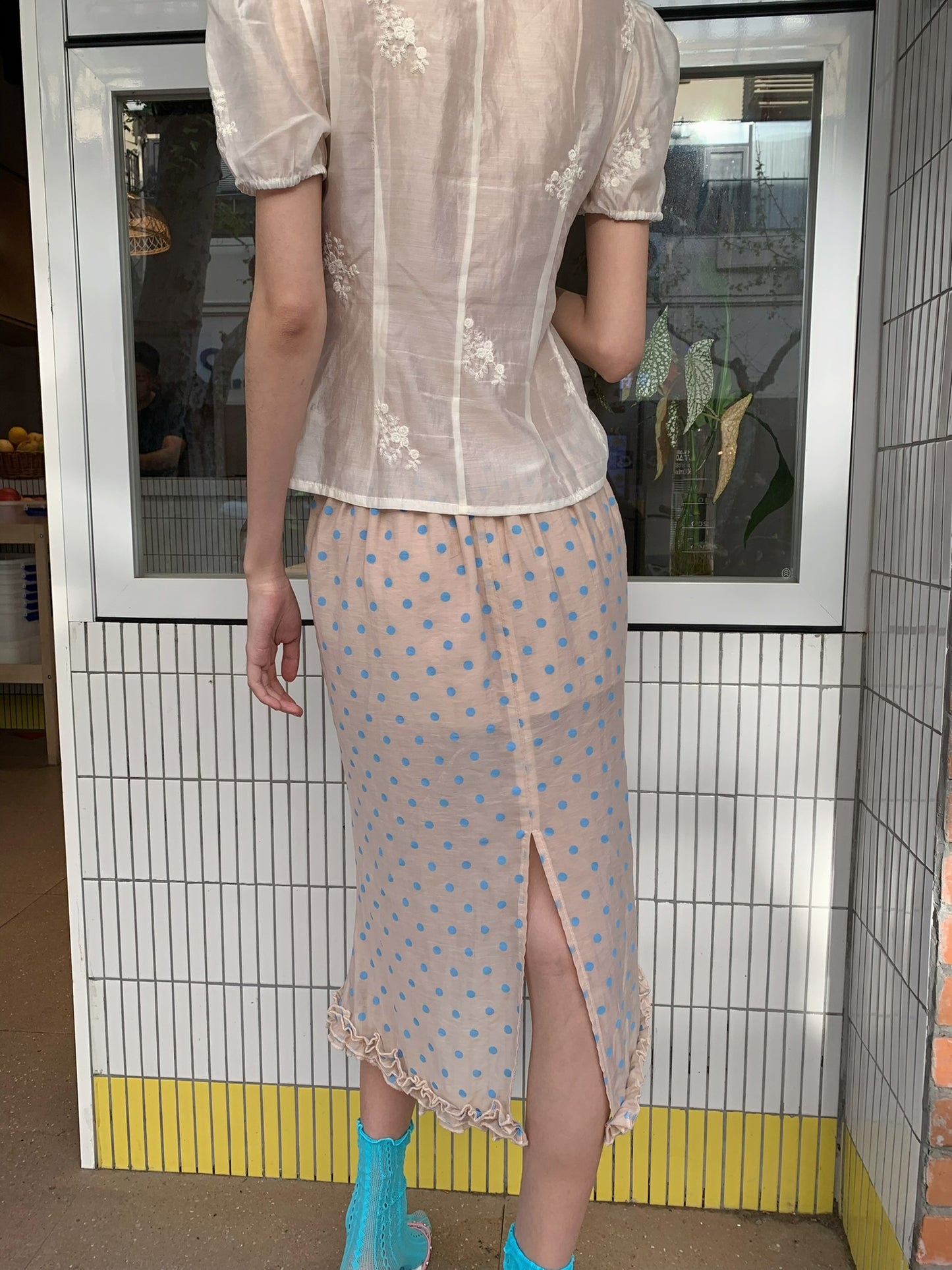 Baby blue polka dot original design tencel mid-length dress