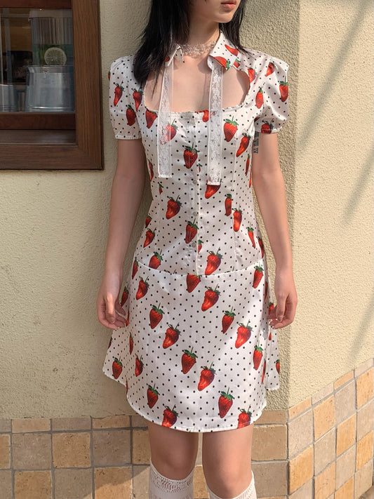 Strawberry polka dot cupcakes. Original printed bubble sleeve satin dress
