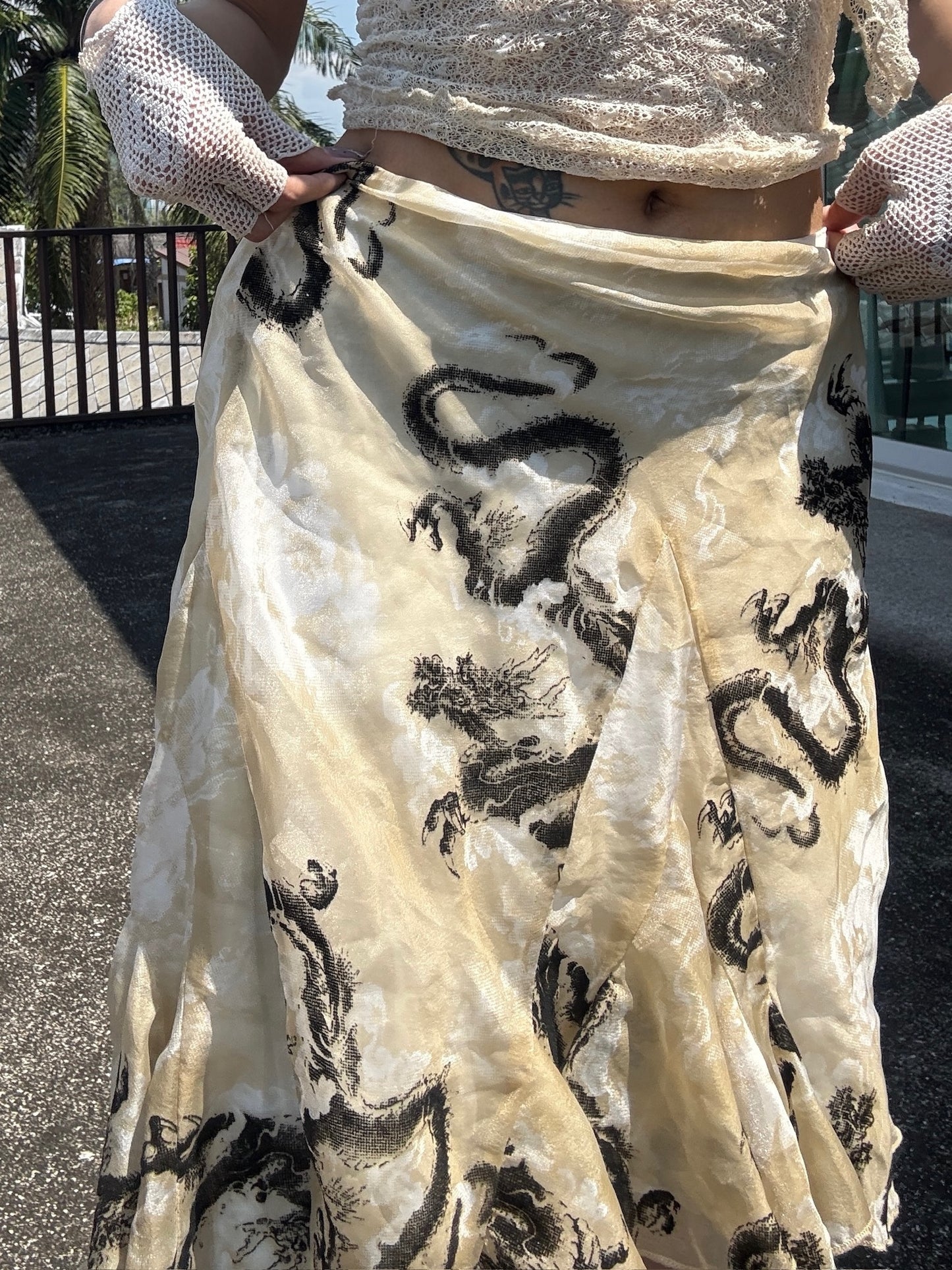 Dragon print chiffon skirt with wide hemline