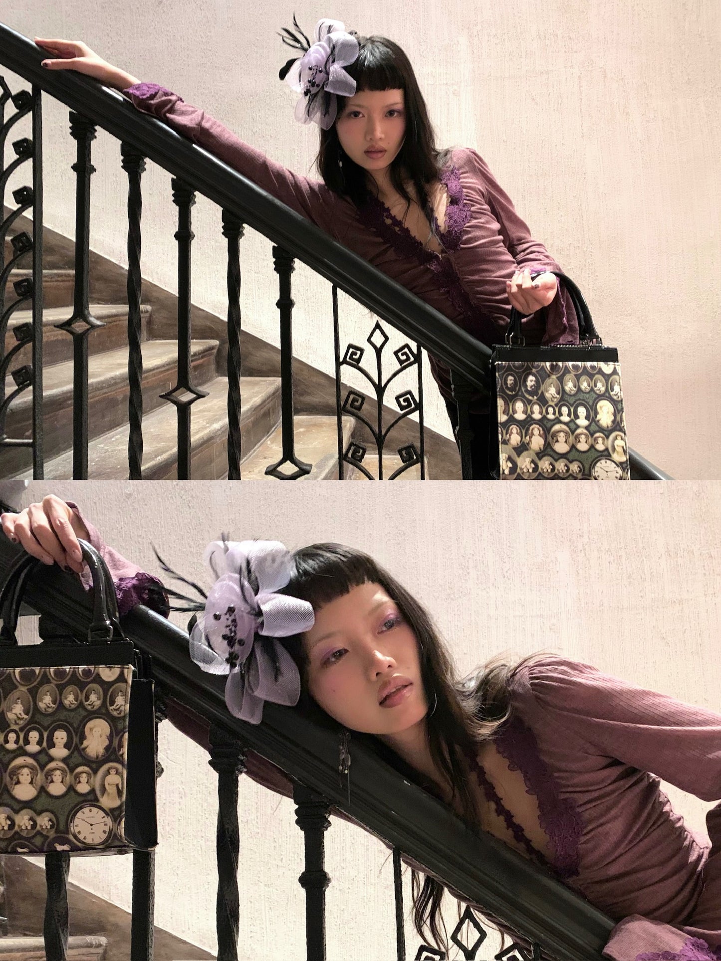 Velvet purple lace long-sleeved fitted stretchy top / cardigan