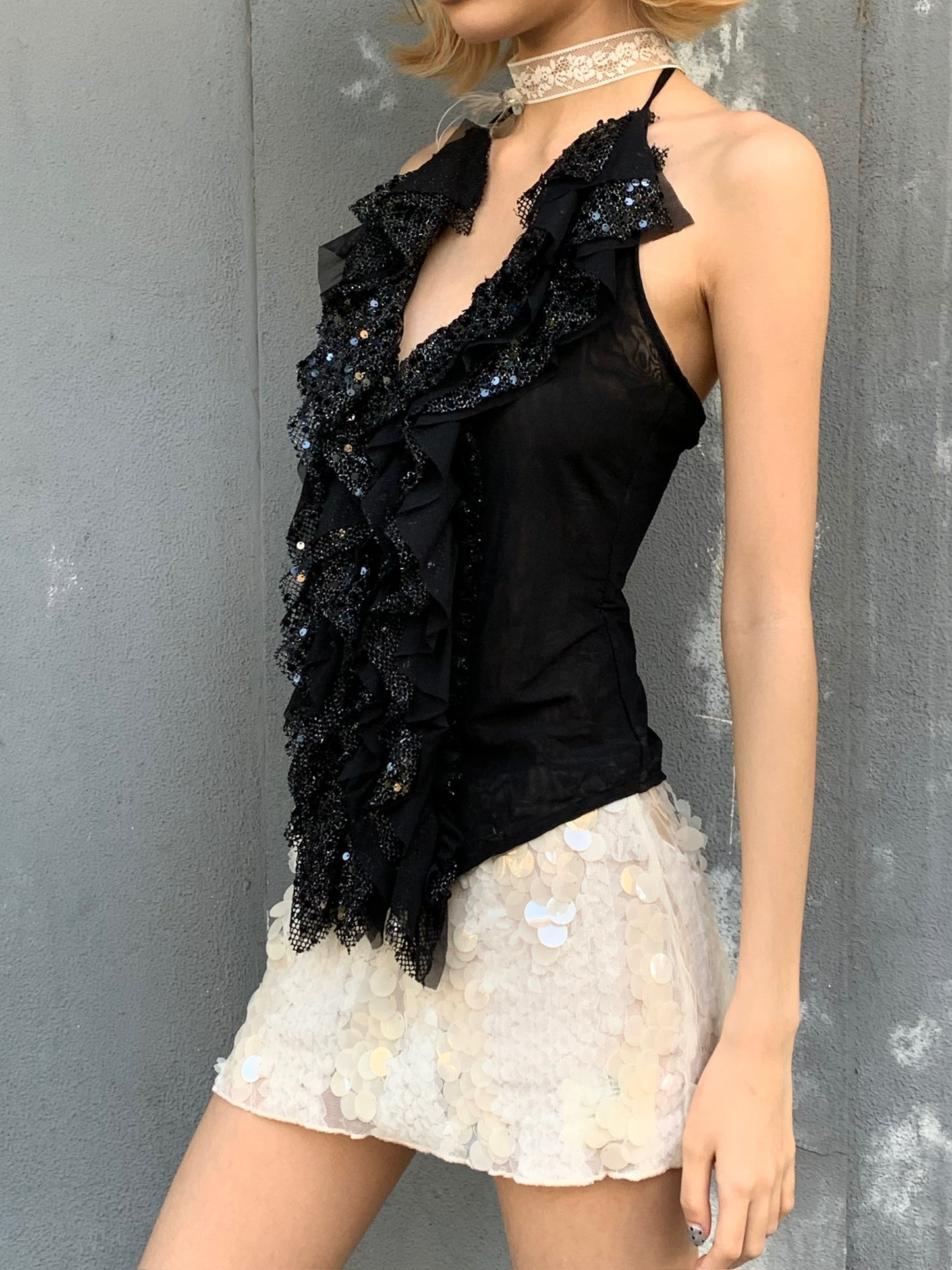 Dark glittering sequin ruffled halter strap original design top