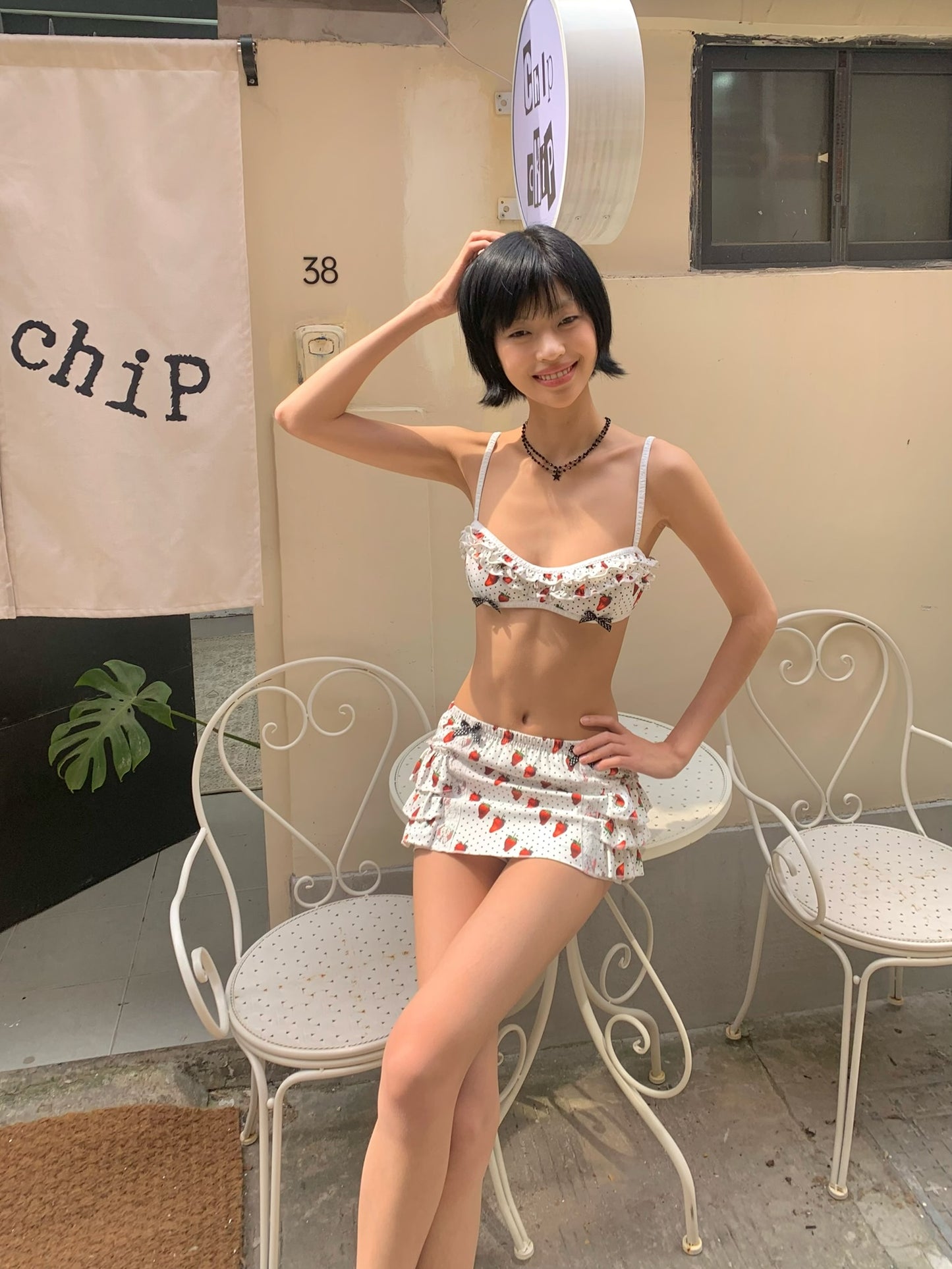 Strawberry polka dot printed swimsuit set  Bikini + Skirt