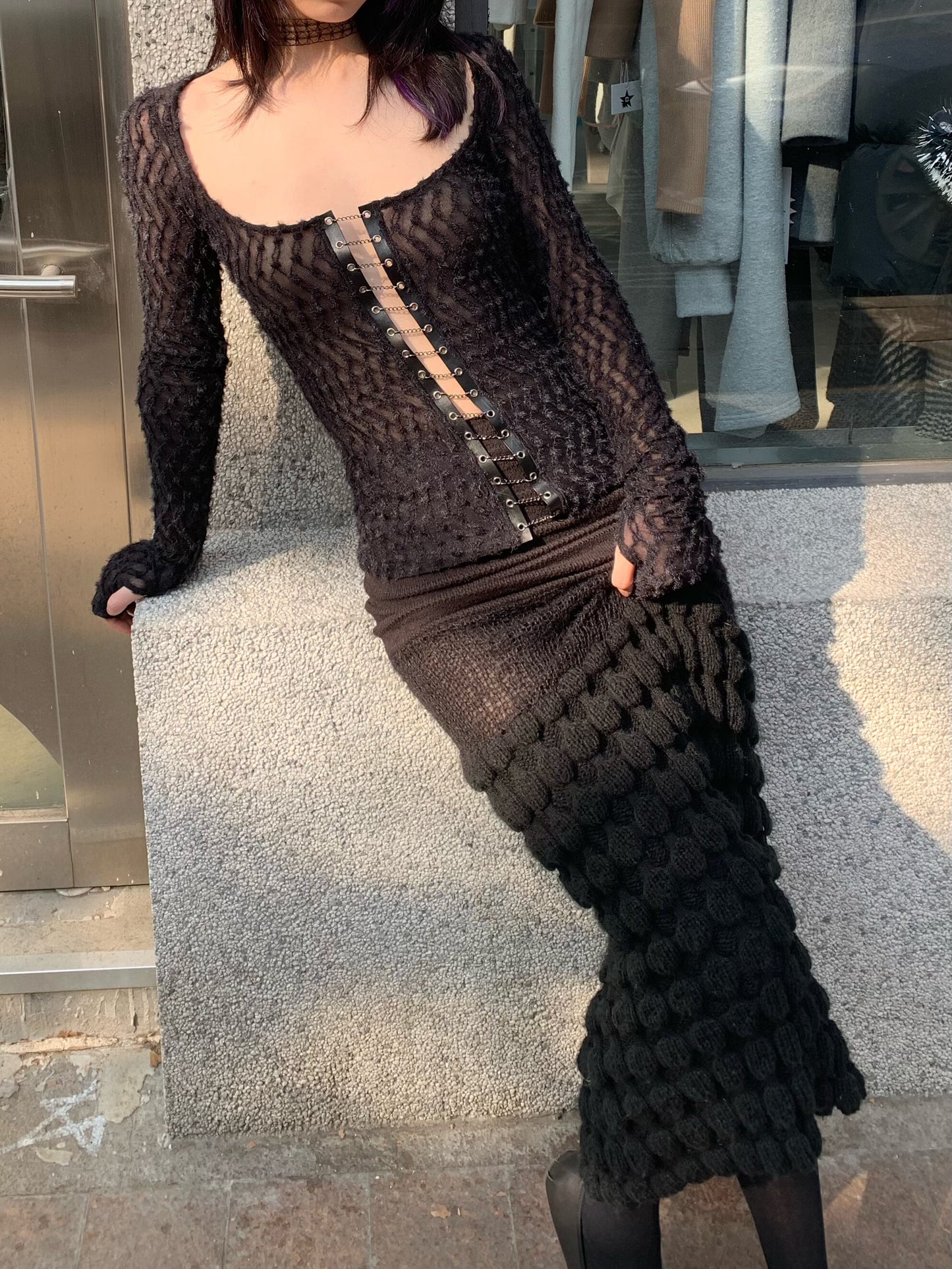 Punk black semi transparent hollow big neckline long sleeve top