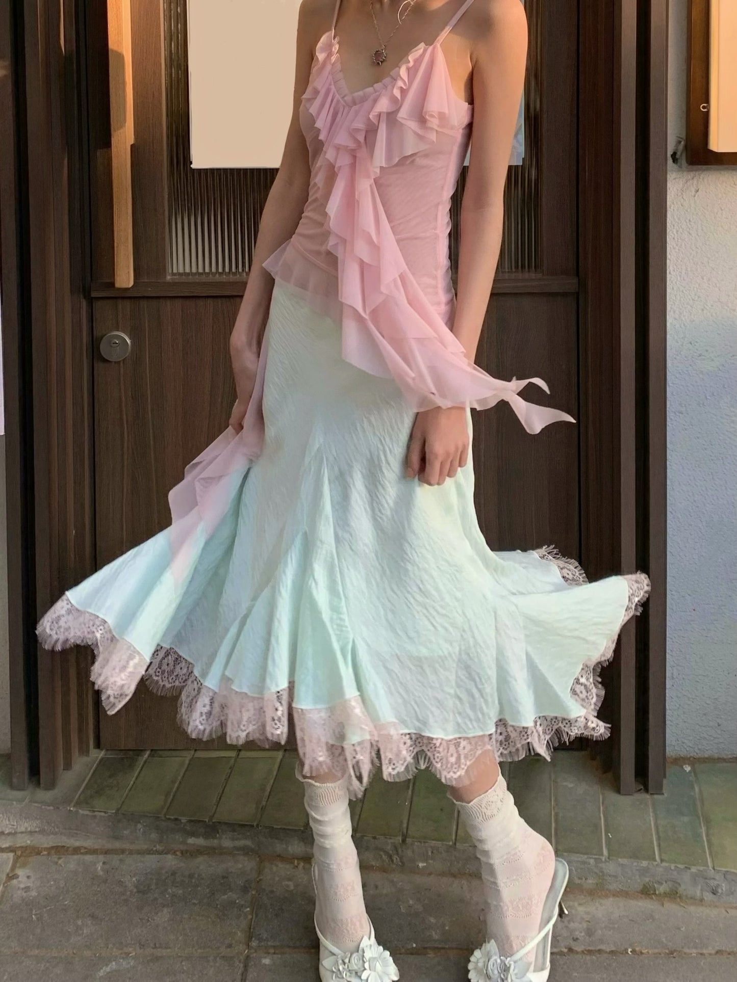 Mint green patched light pink lace flared chiffon skirt with a flowing hem
