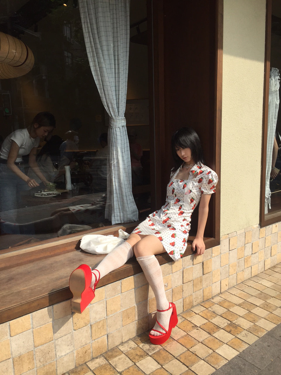 Strawberry polka dot cupcakes. Original printed bubble sleeve satin dress
