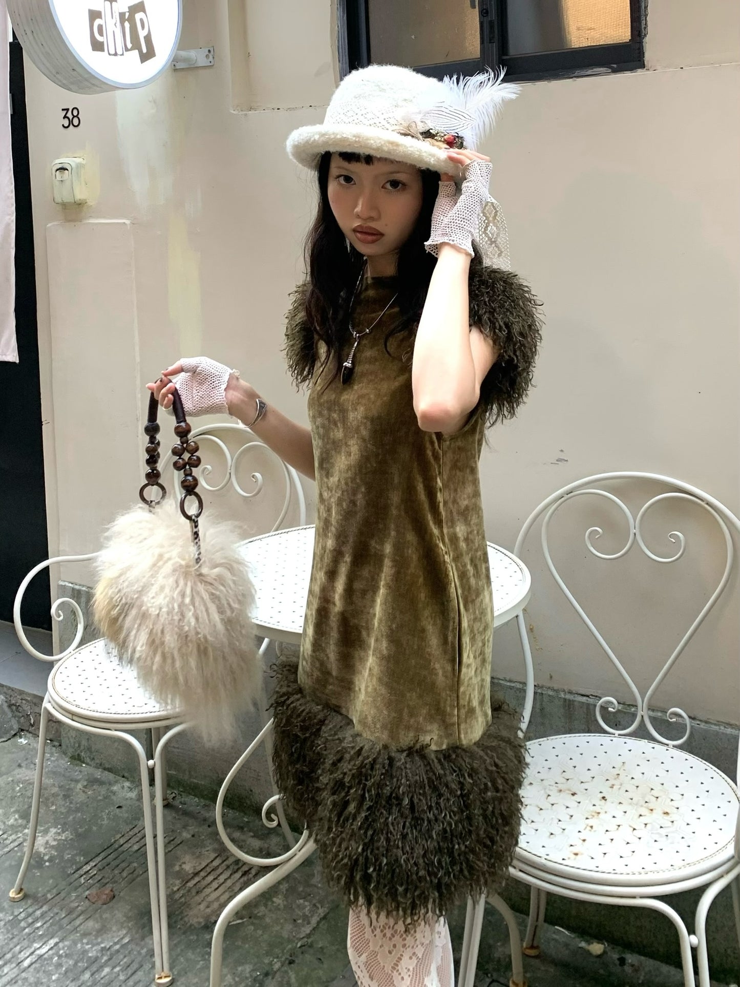 Retro moss green fluffy short-sleeved dress